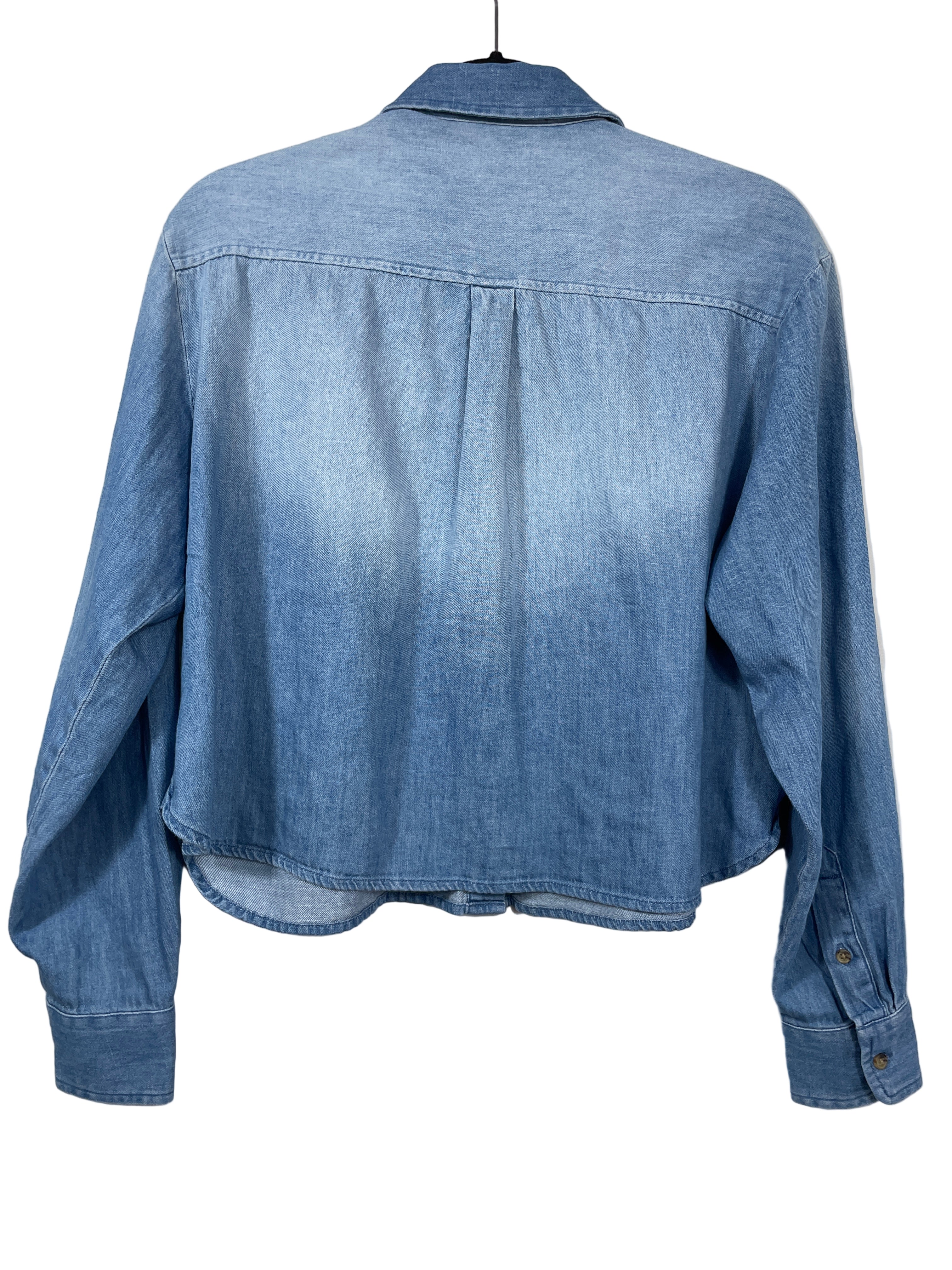 Old Navy cropped denim shirt back view showing light wash