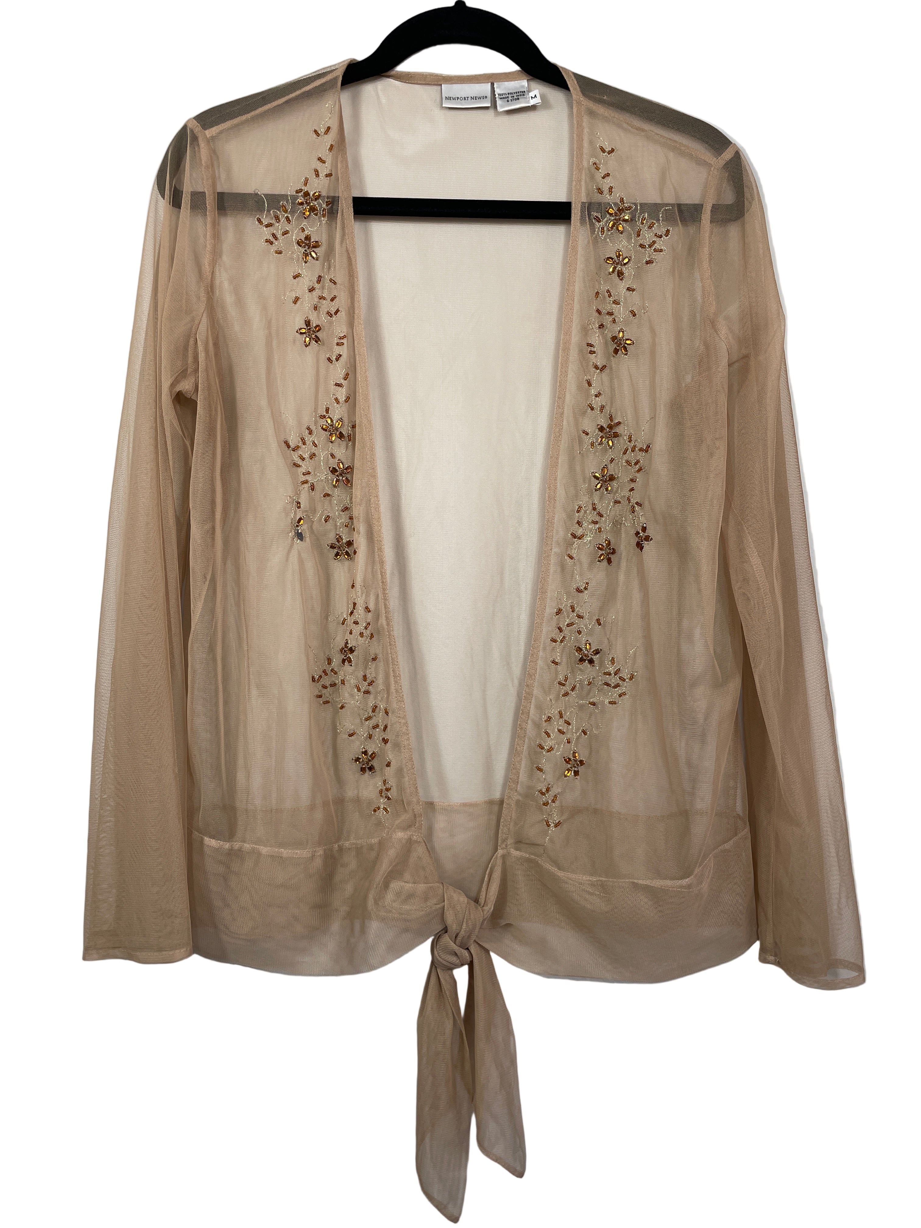 Newport News sheer mesh embroidered blouse front view on black hanger