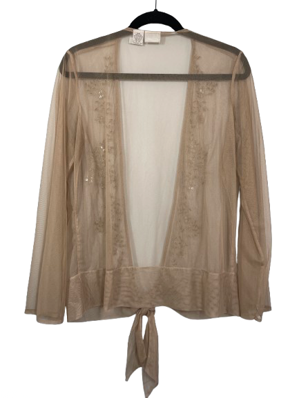Back view of Newport News sheer mesh blouse on hanger