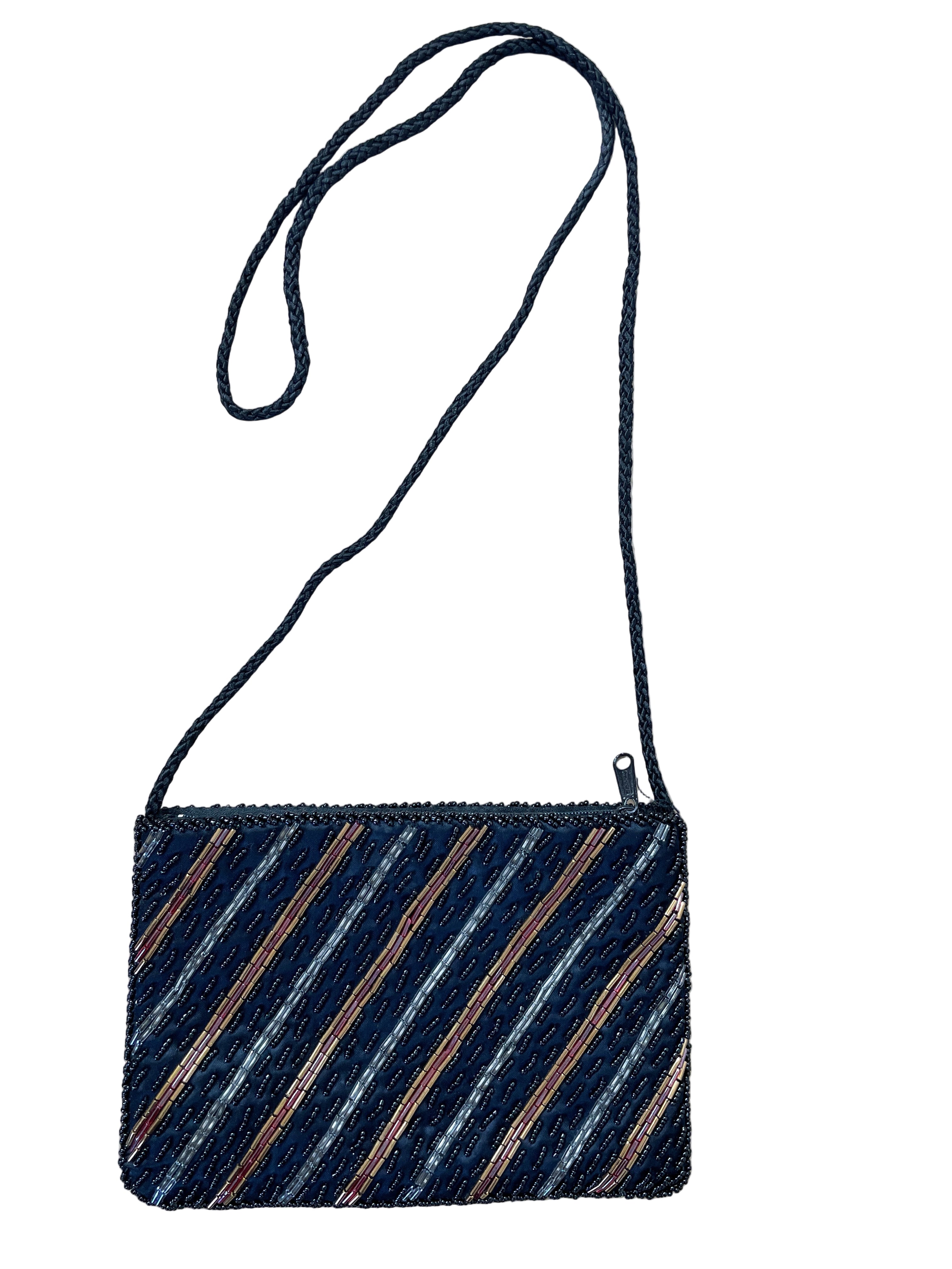 Black beaded crossbody purse with braided strap and zipper closure – multicoloured striped side