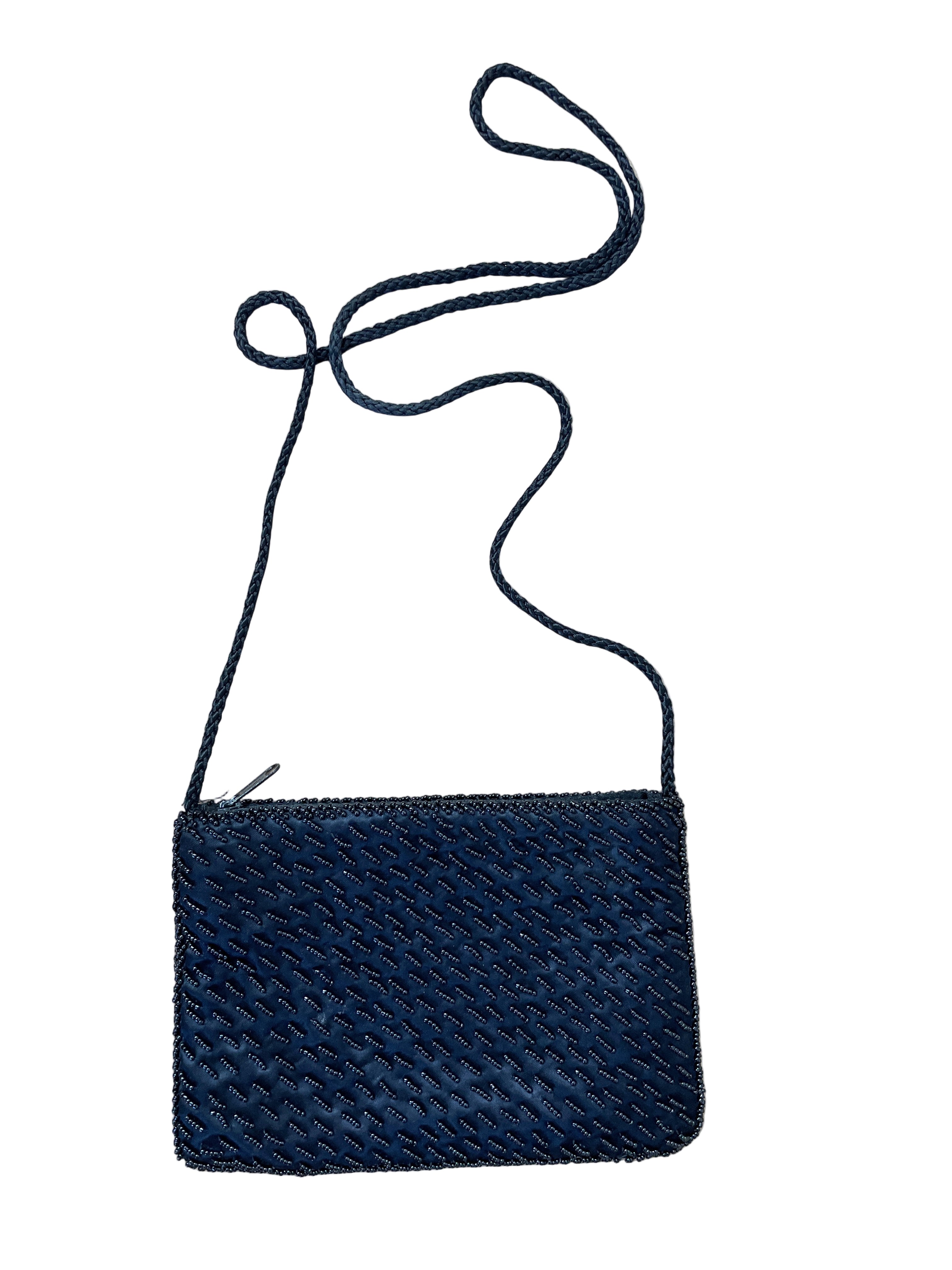Black beaded crossbody purse with braided strap and zipper closure – plain beaded side