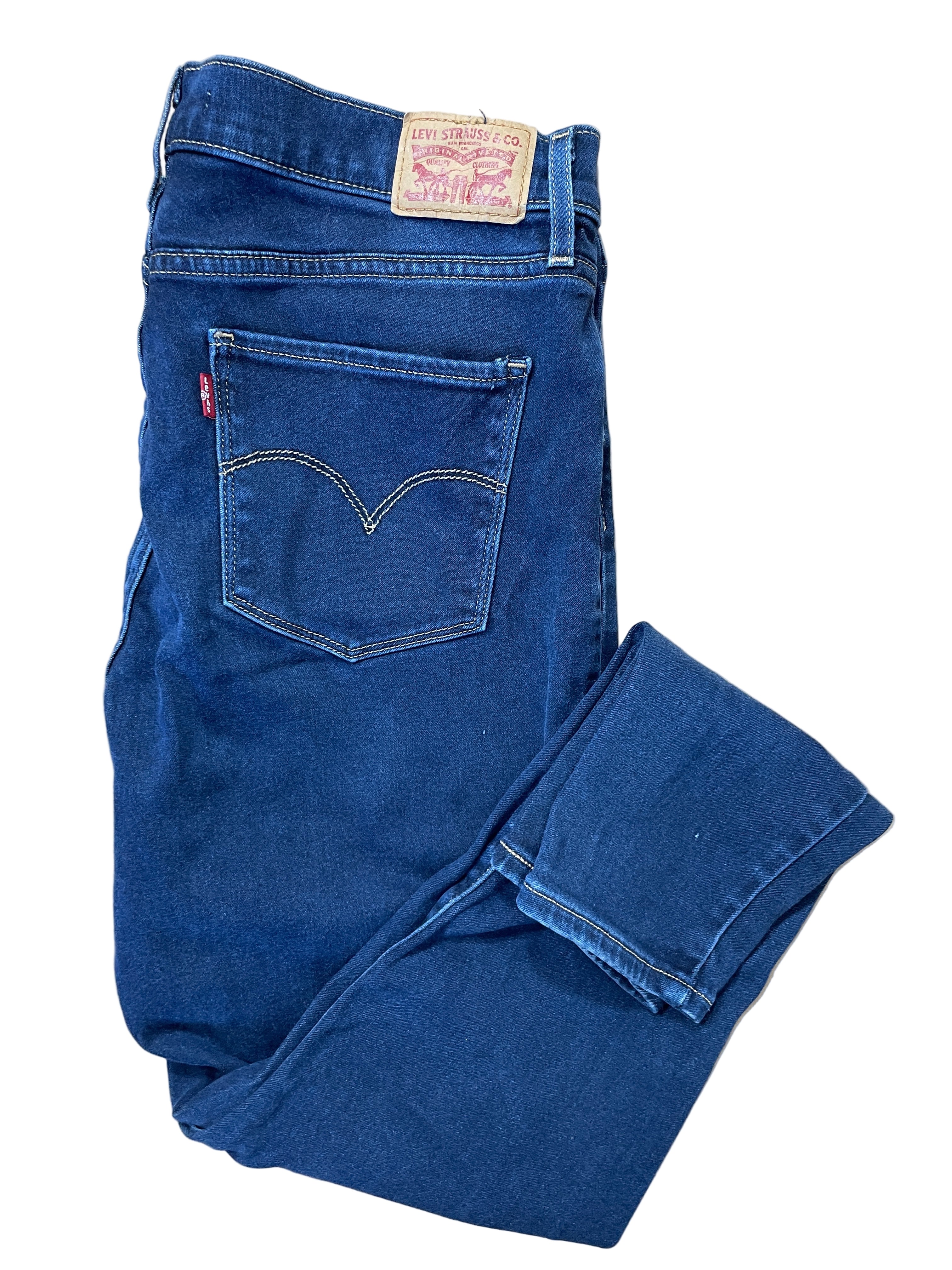 Folded Levi’s 720 High Rise Super Skinny jeans showing back pocket and leather patch