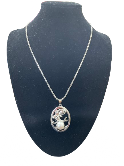 silver Pisces necklace with pearl pendant and hook clasp