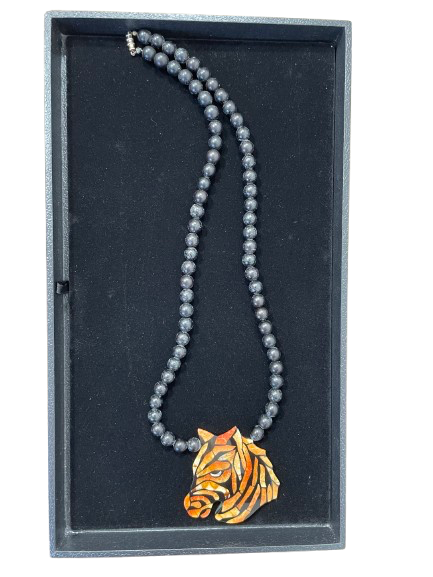 Beaded necklace with tiger mosaic pendant in display box