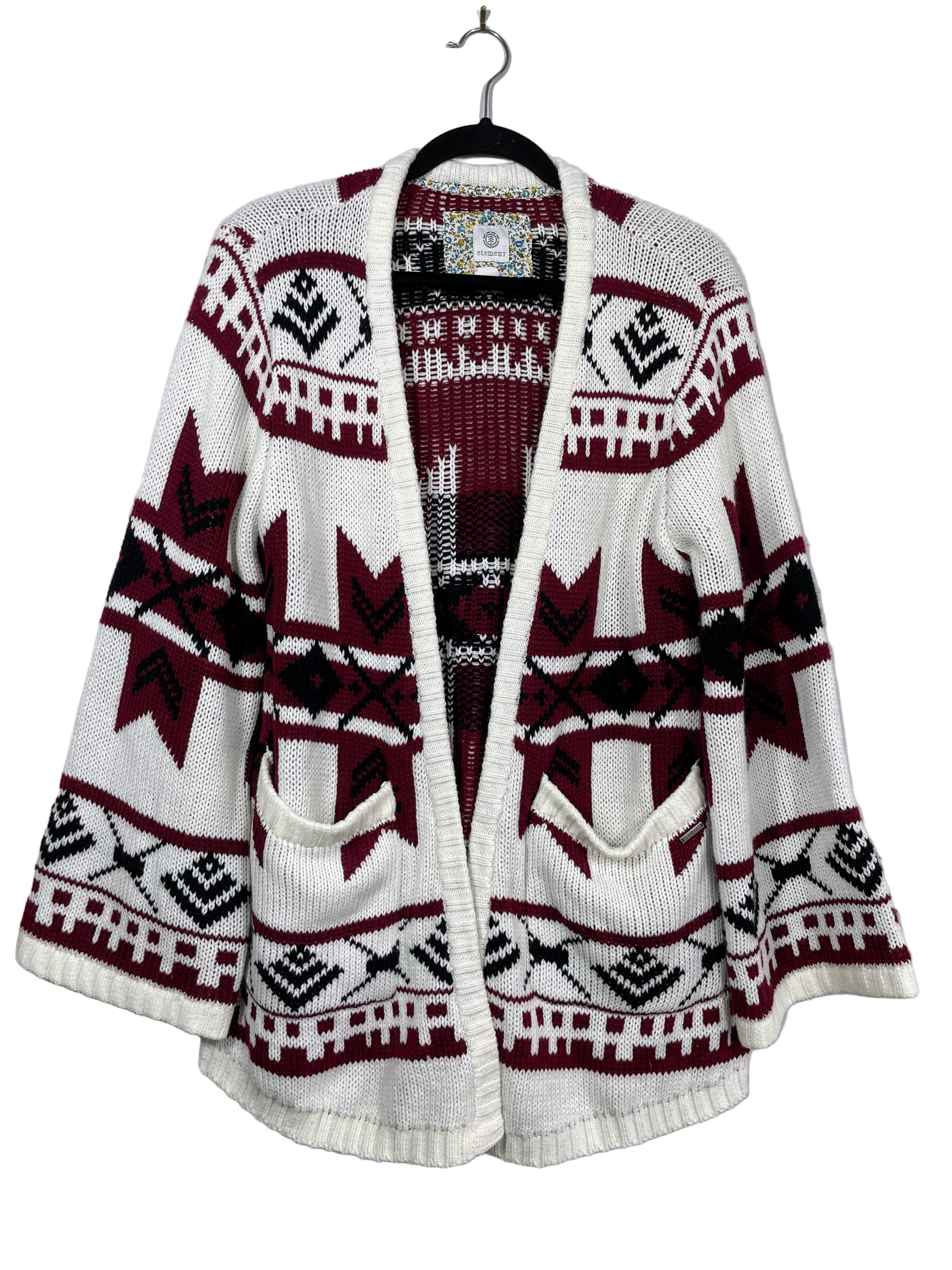 Element Fair Isle cardigan front view in burgundy, black, and ivory