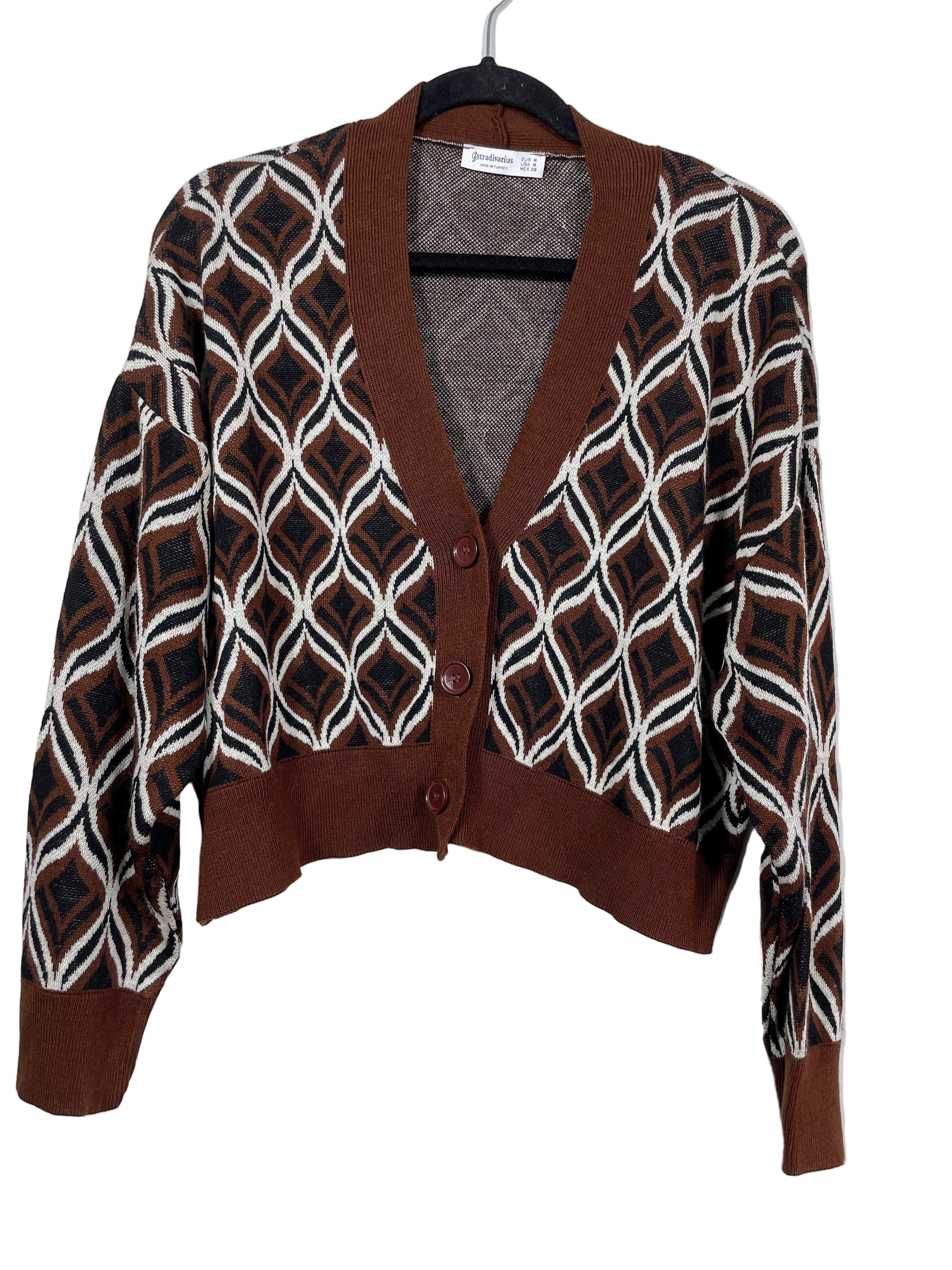 Stradivarius cropped brown geometric button-up cardigan front view