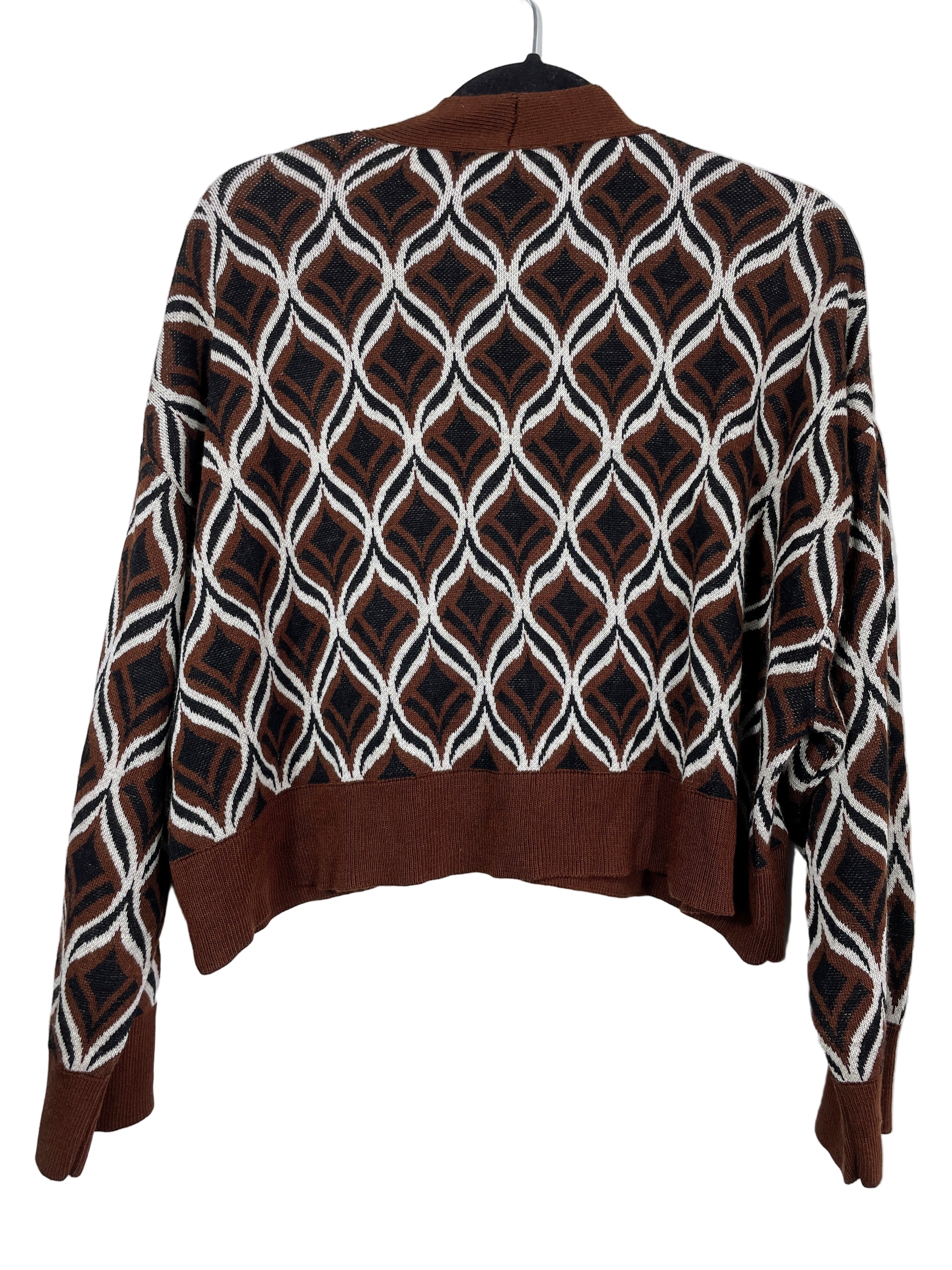 Stradivarius cropped brown geometric button-up cardigan back view