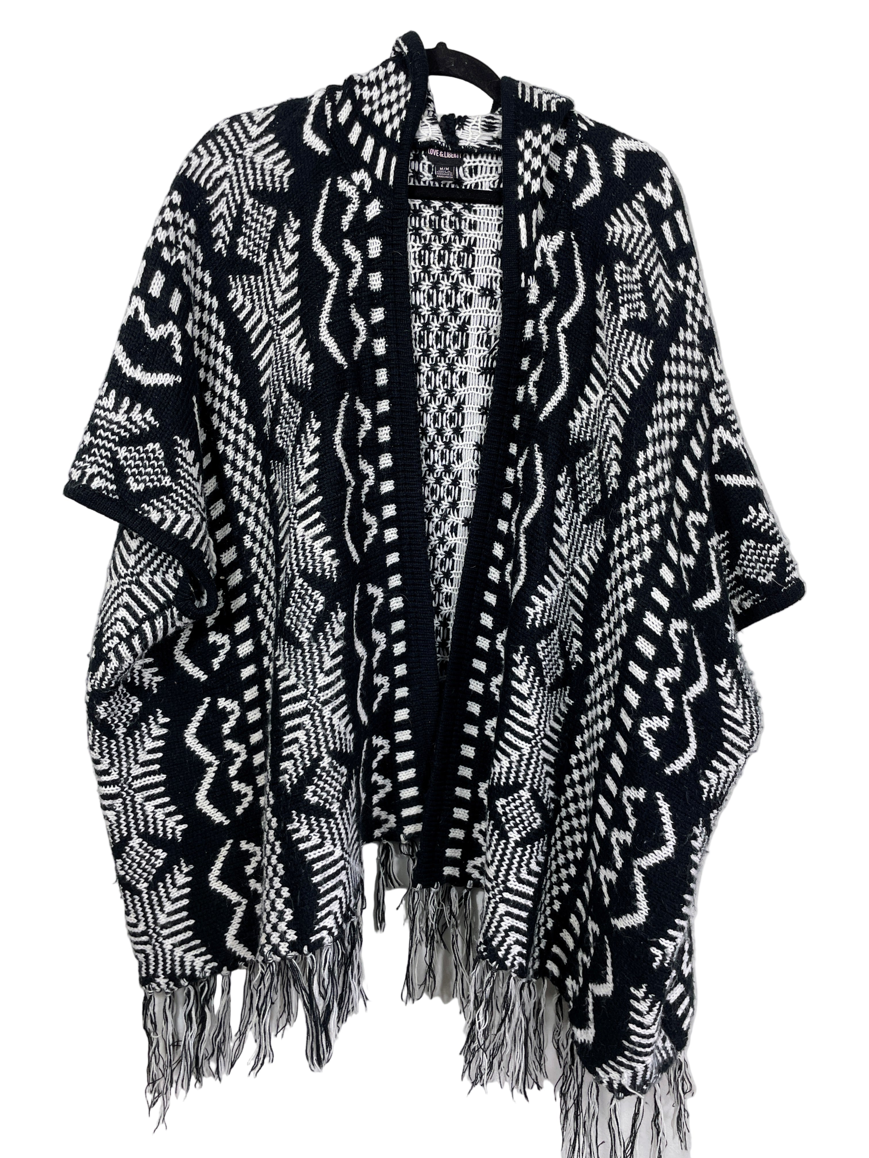 Love & Liberty hooded poncho cardigan front view with fringe hem
