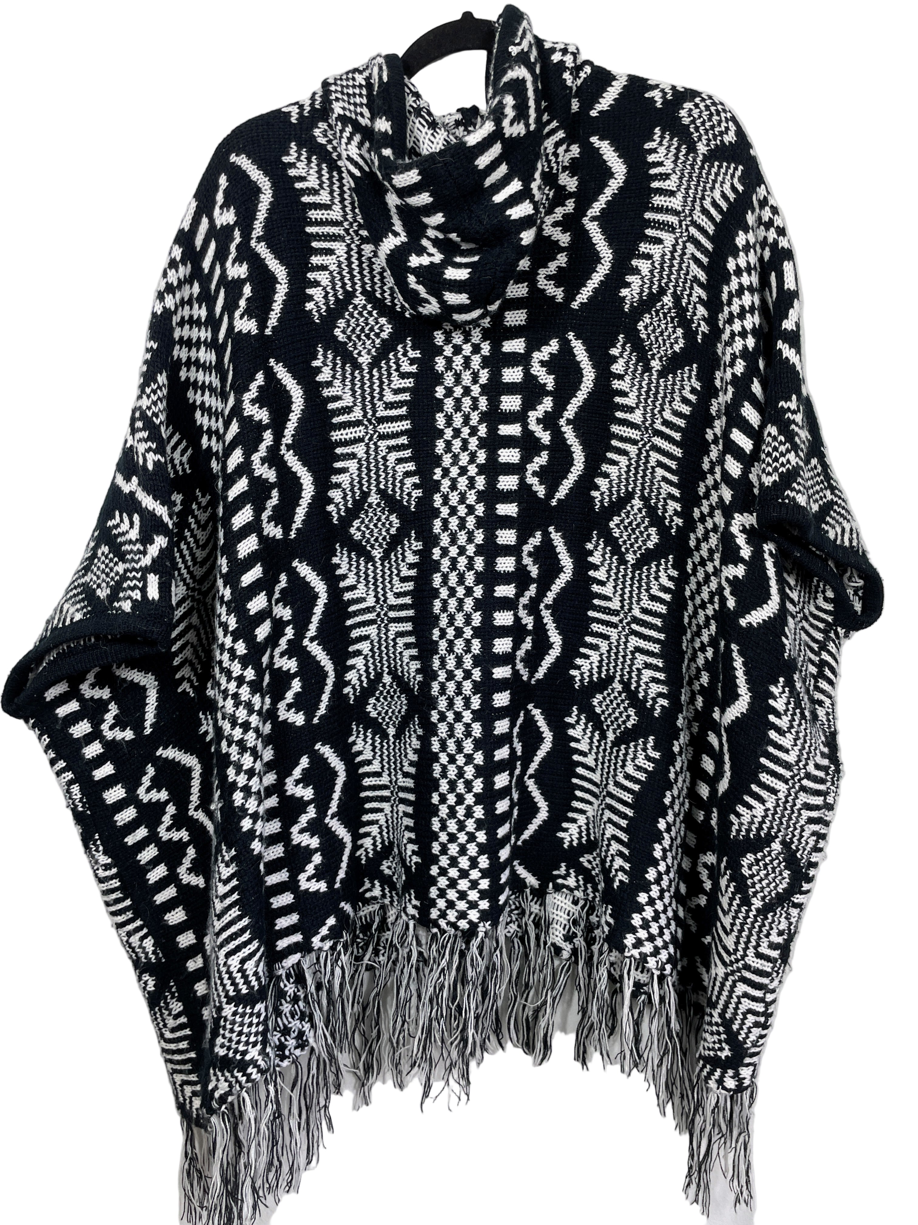 Love & Liberty hooded poncho cardigan back view with bold geometric pattern
