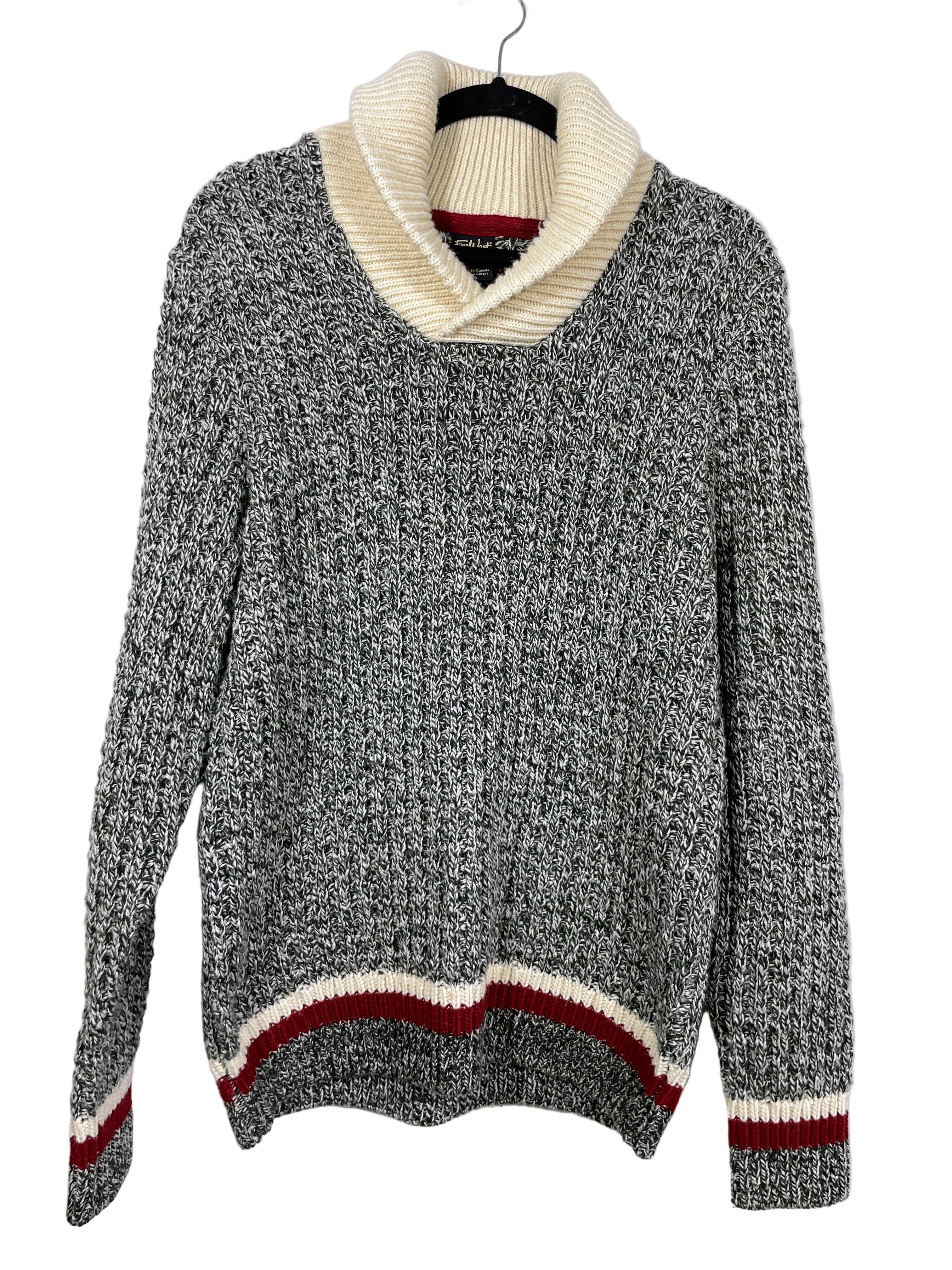 Front view of Far West black and white ribbed knit sweater with cream shawl collar.