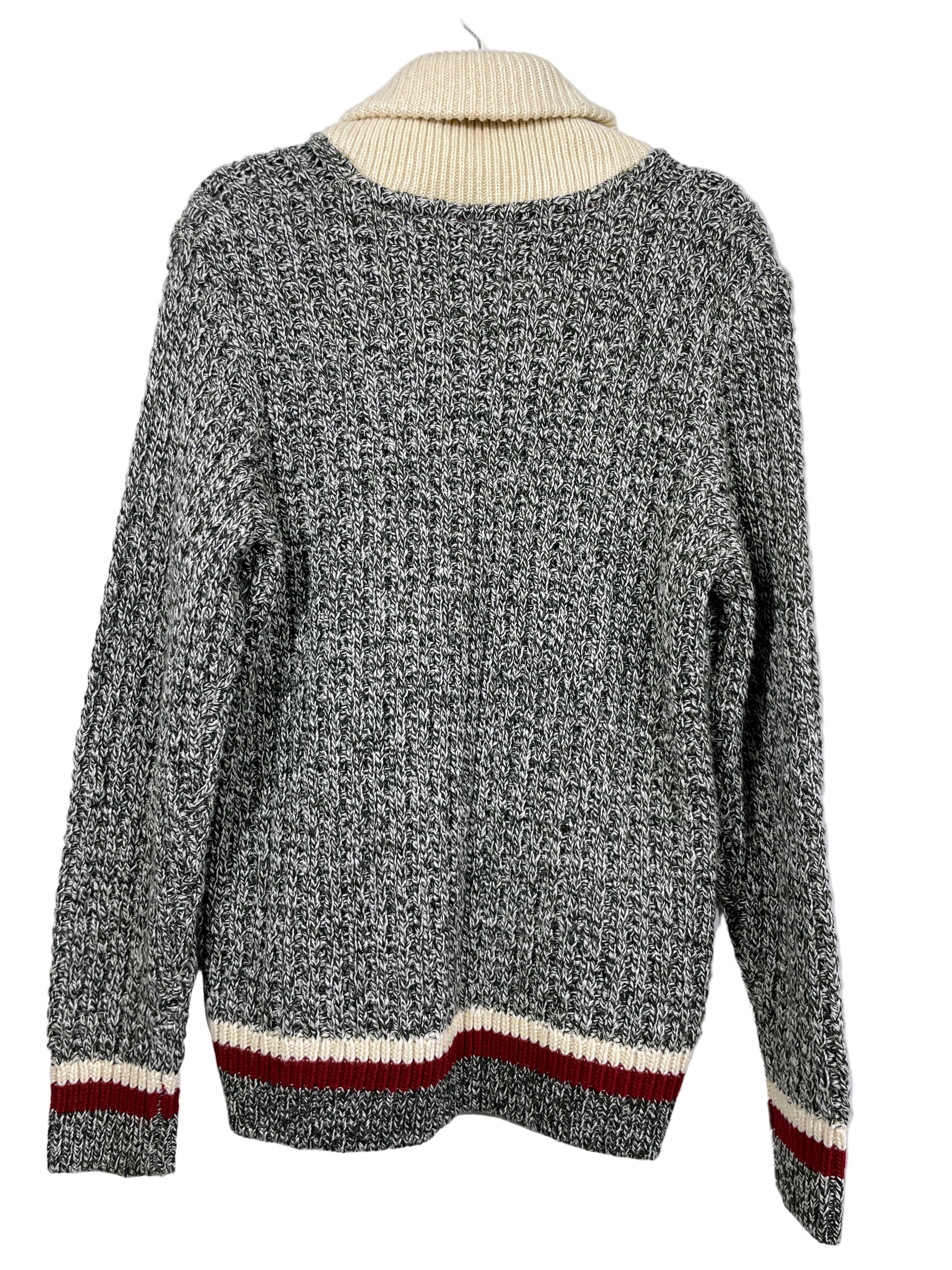 Back view of Far West black and white ribbed knit sweater with cream shawl collar.