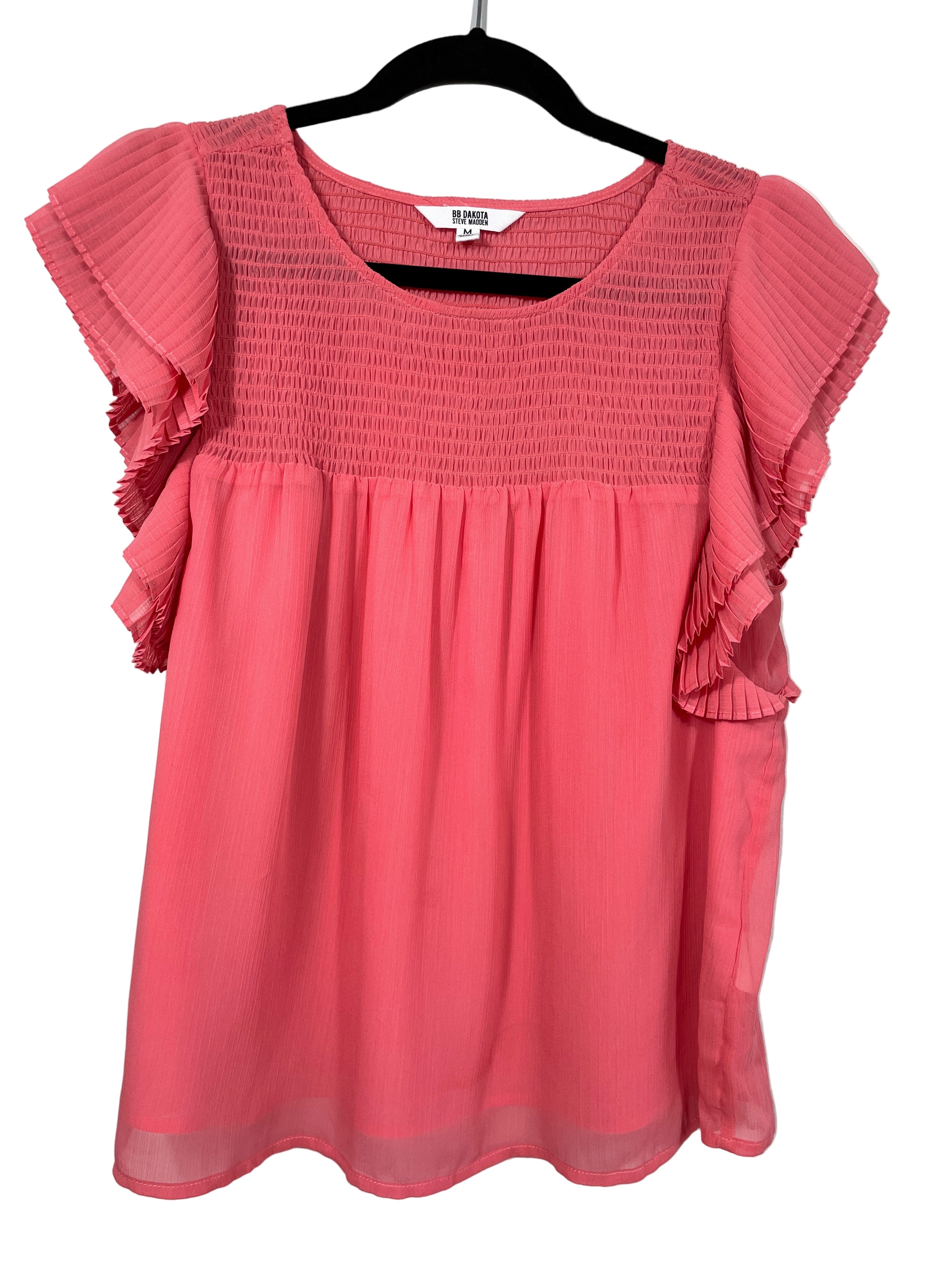 BB Dakota Steve Madden coral pleated sleeve blouse front view