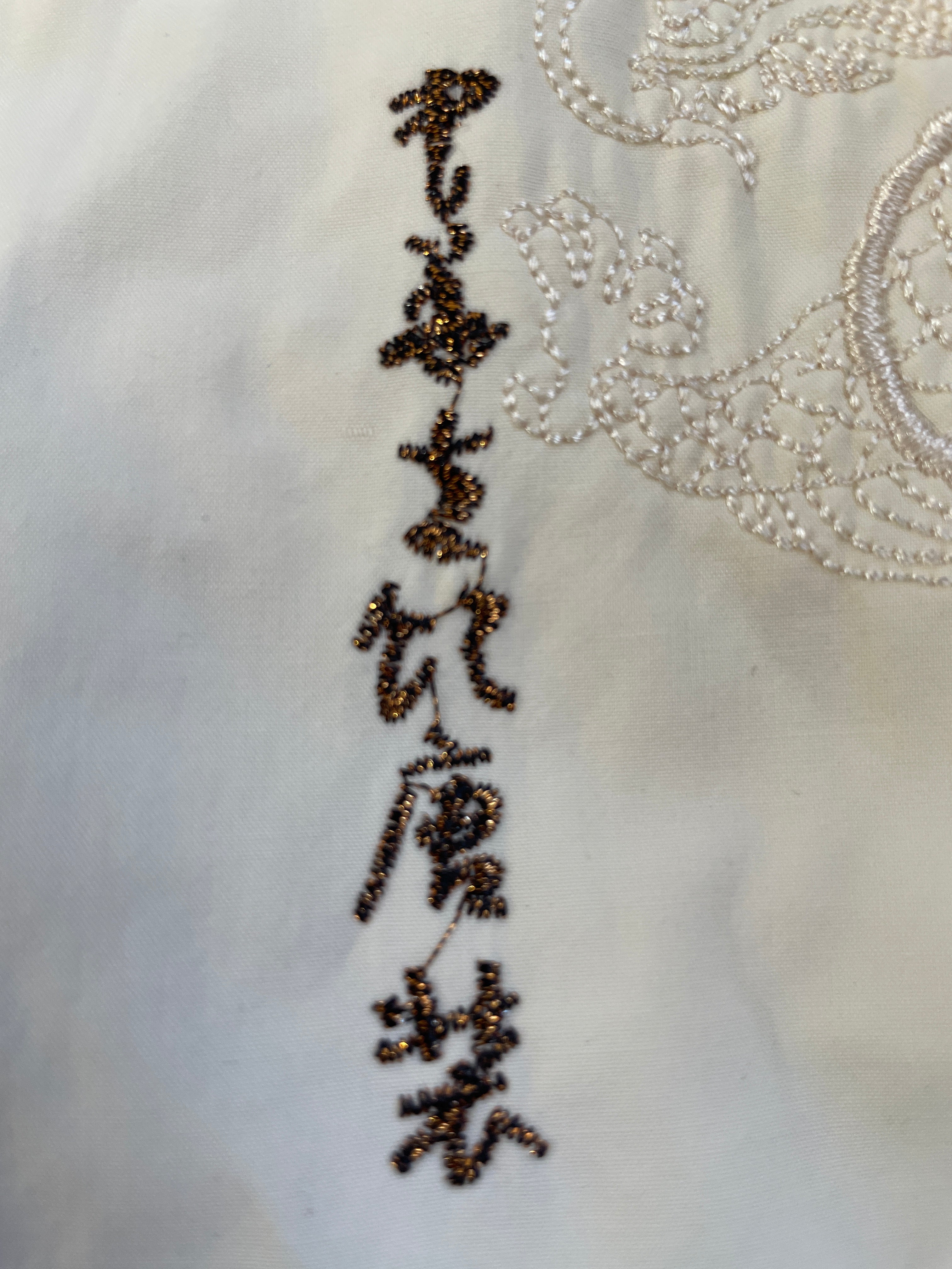 Close-up of decorative embroidery on a garment with intricate patterns.