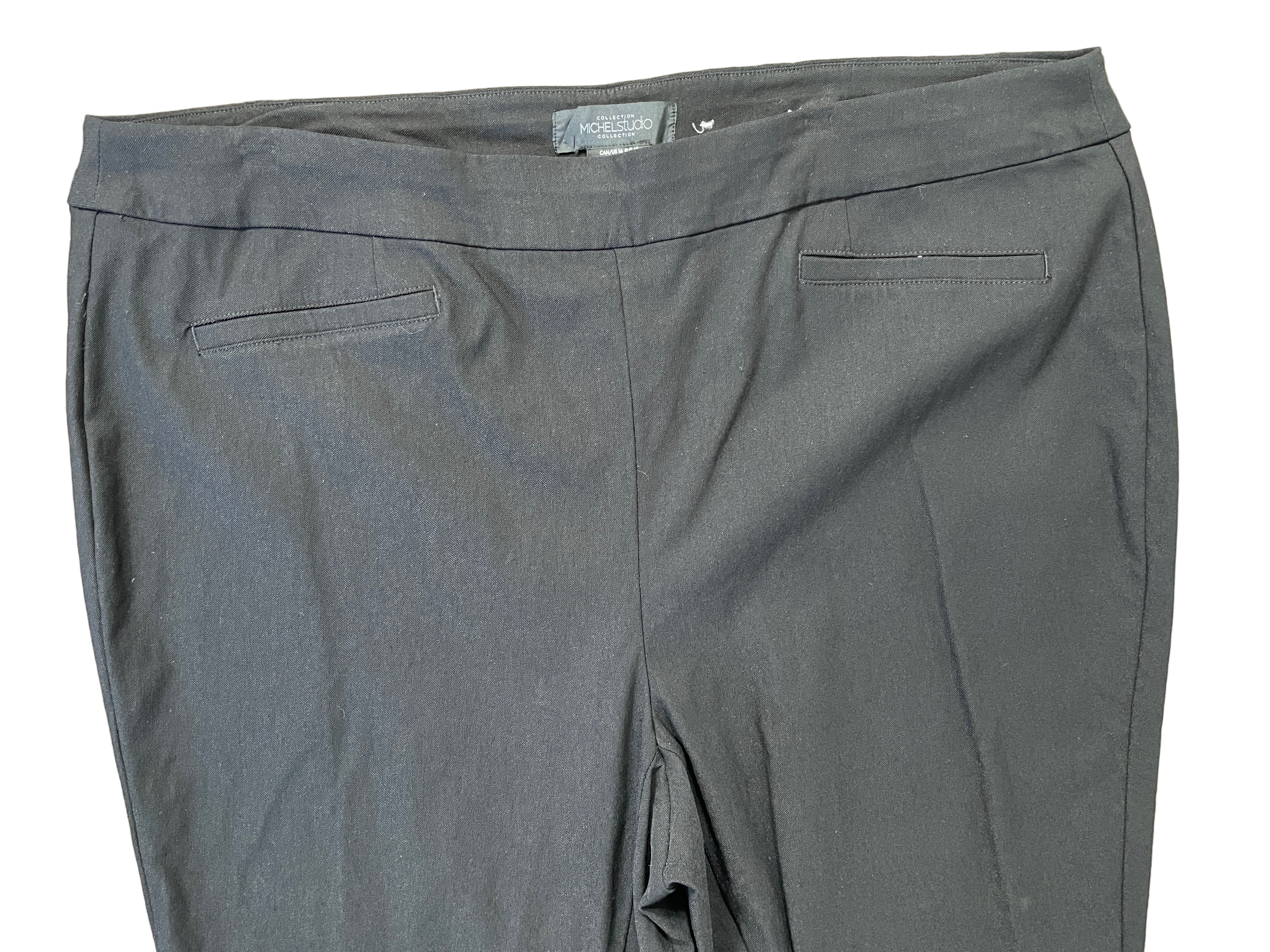 Front view of Michel Studio Collection pants highlighting smooth waistband and relaxed fit.
