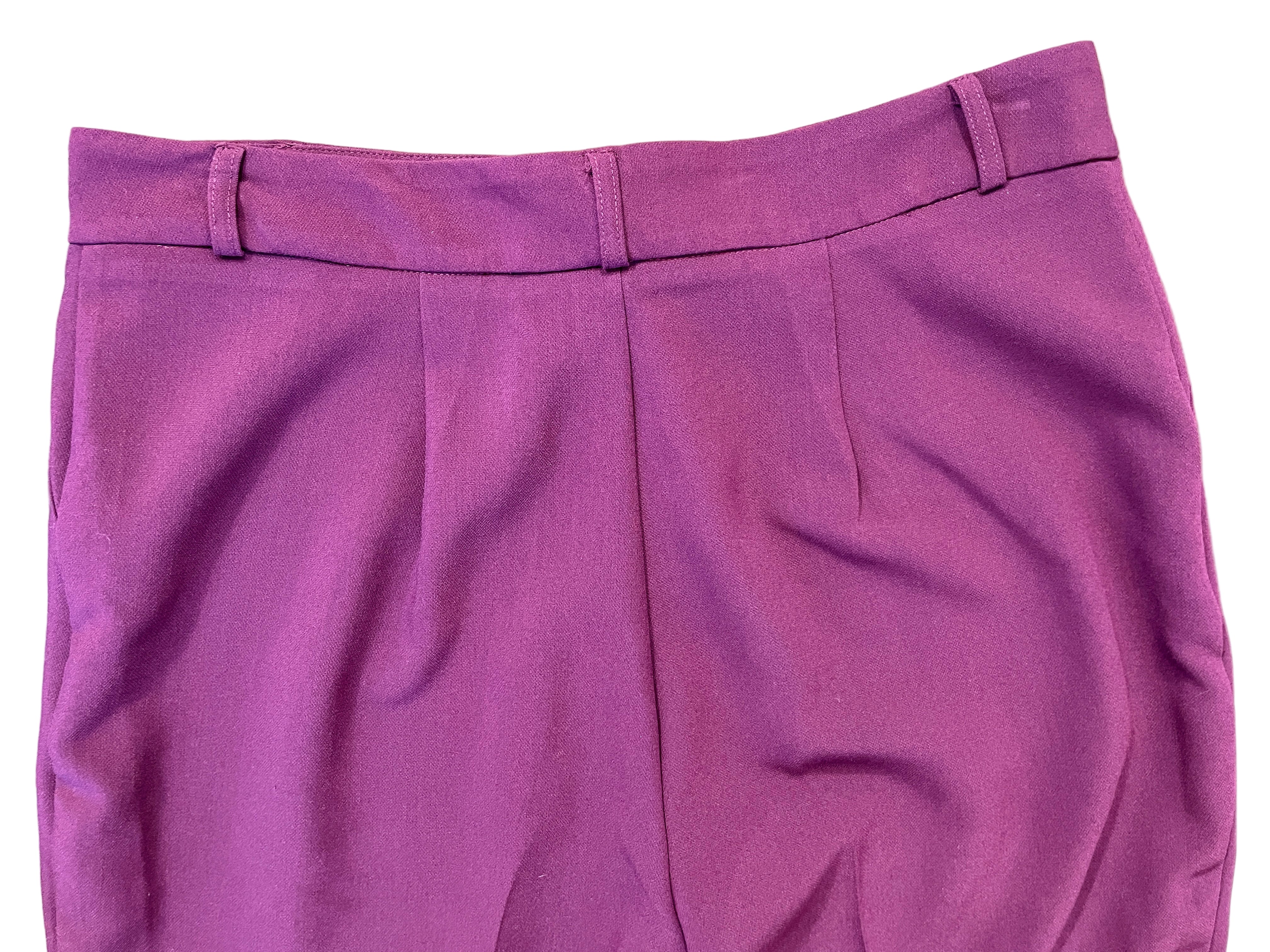 Back view of Le Château burgundy dress pants showing tailored fit and cuffed hem detail.
