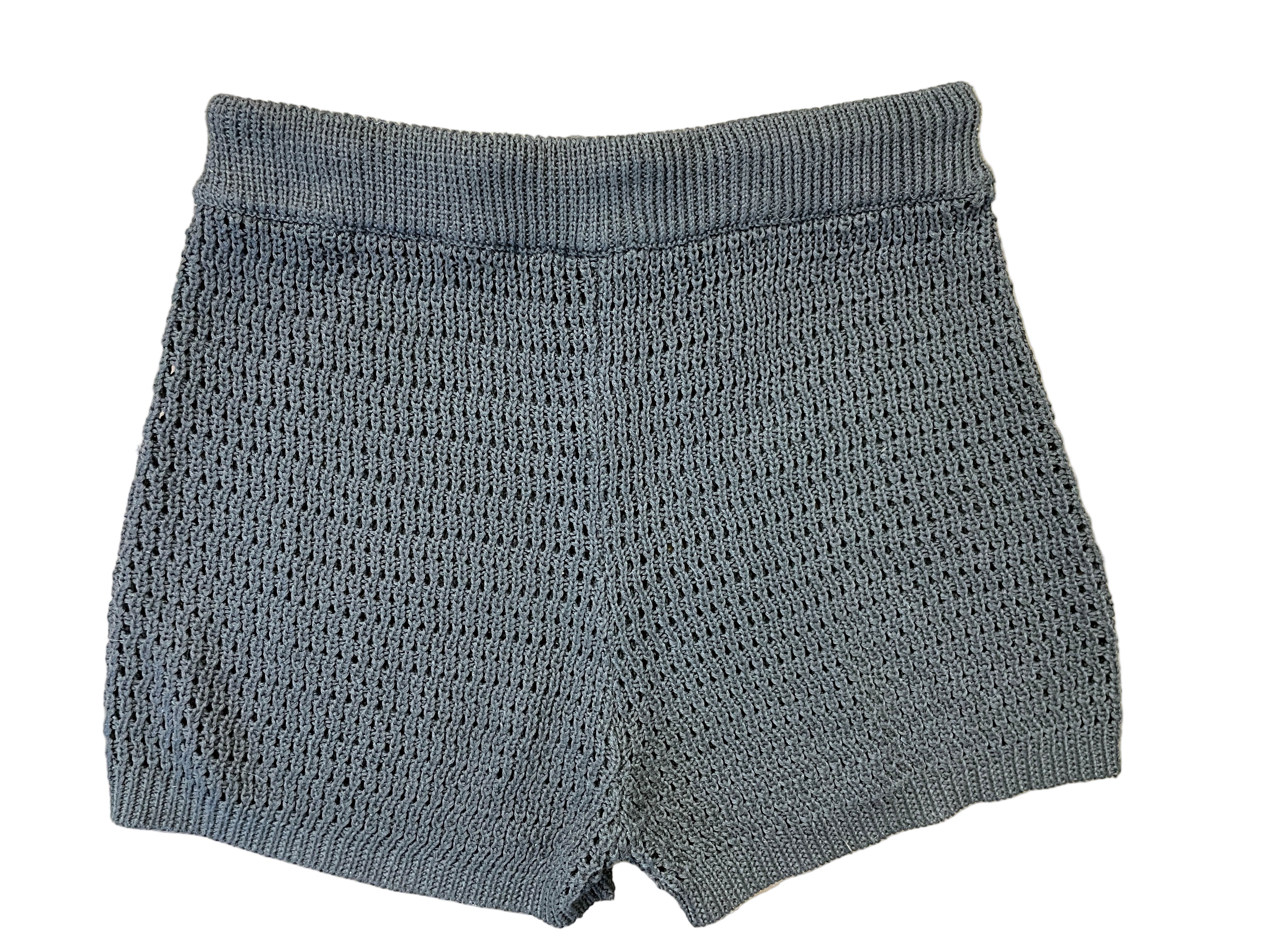 back view of black SHEIN crochet knit shorts with drawstring waistband.