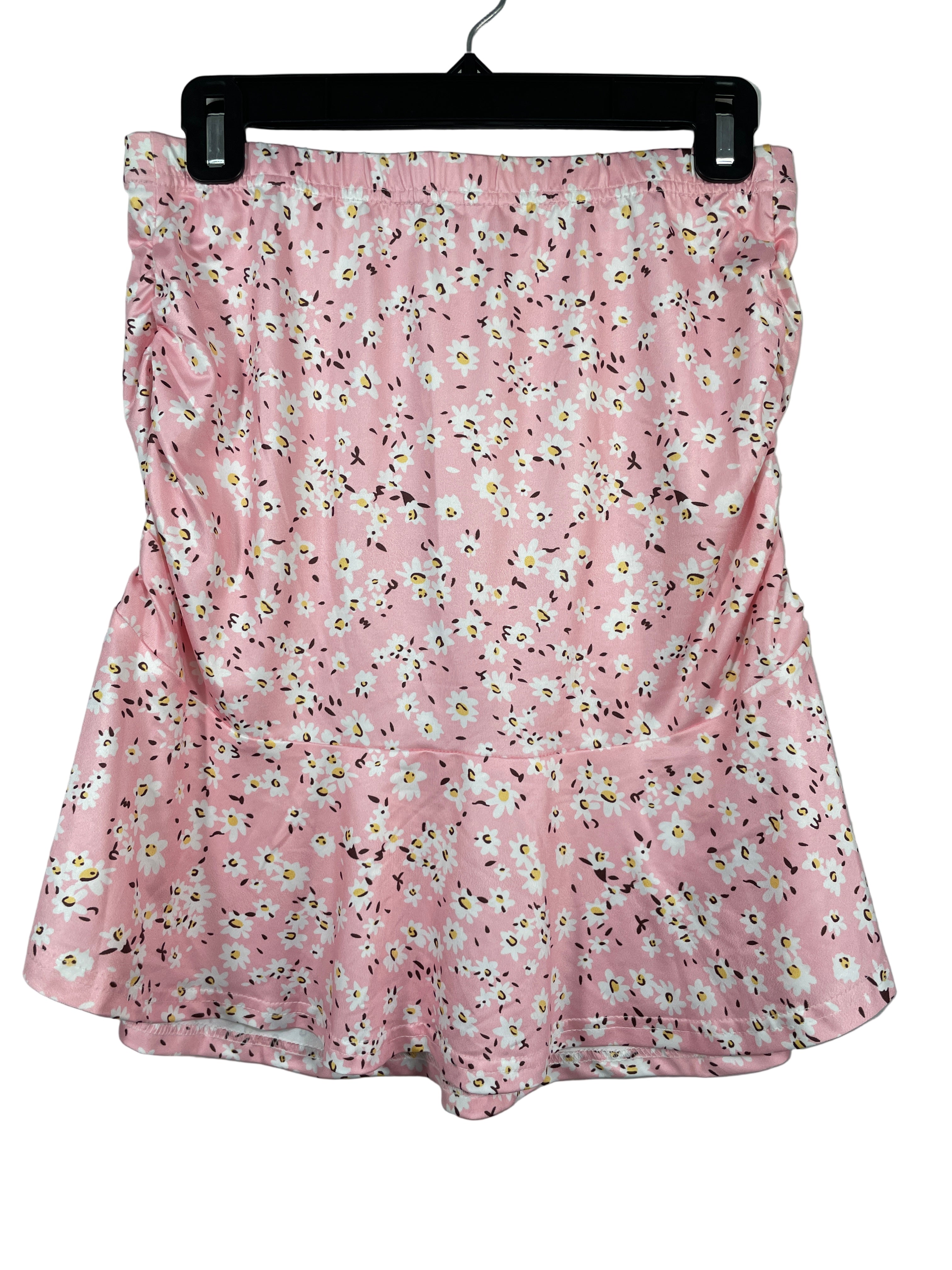 SHEIN pink floral pull-on skirt front view
