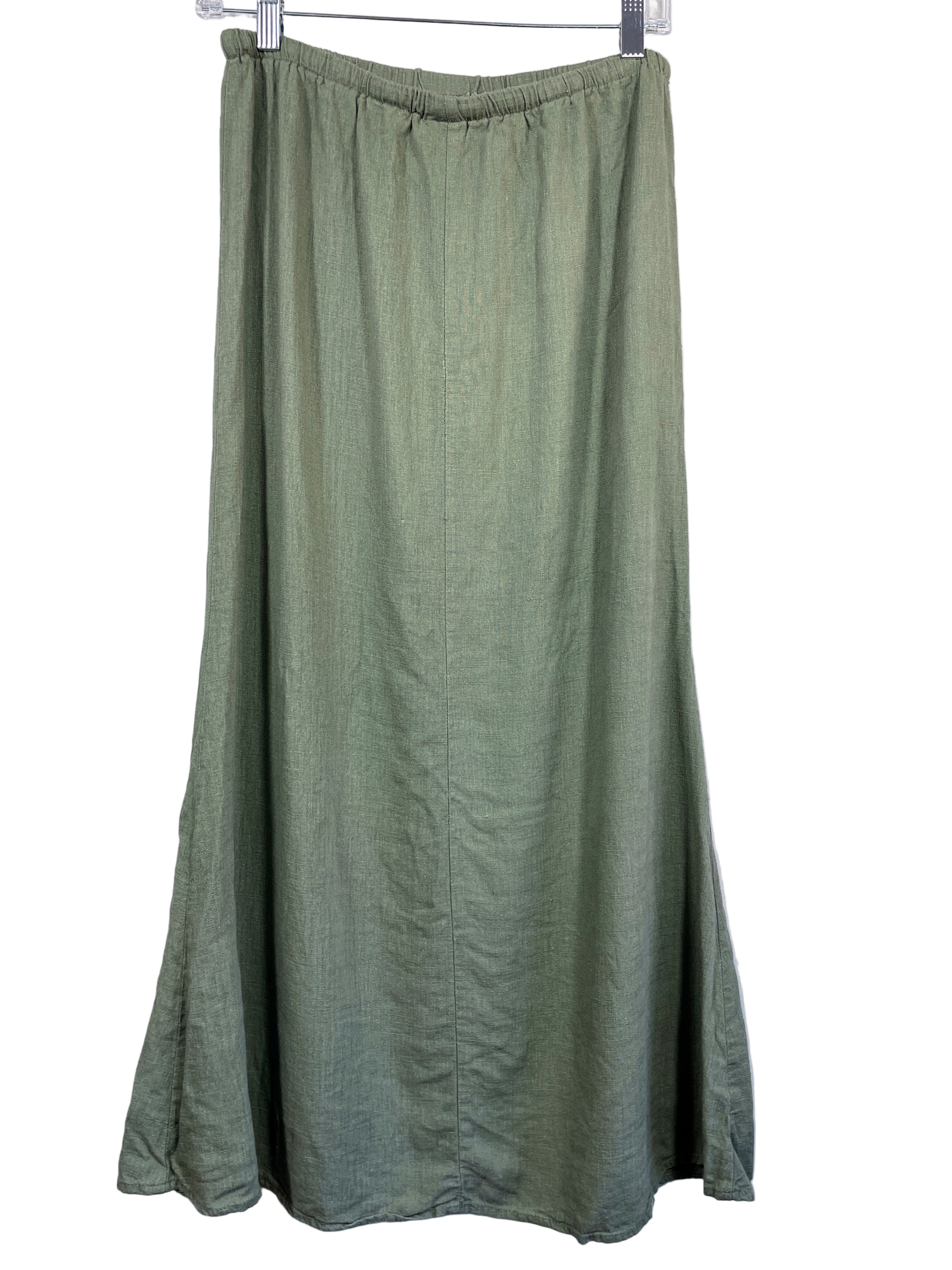Back view of long green SHEIN skirt showing flowy linen-blend fabric and simple hemline.
