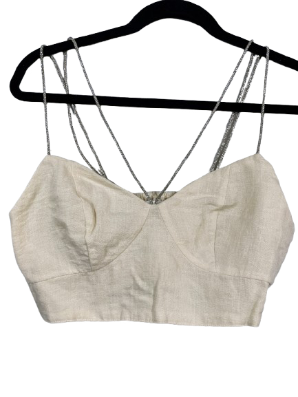 Front view of H&M beige linen-look crop top with sparkly rhinestone straps.