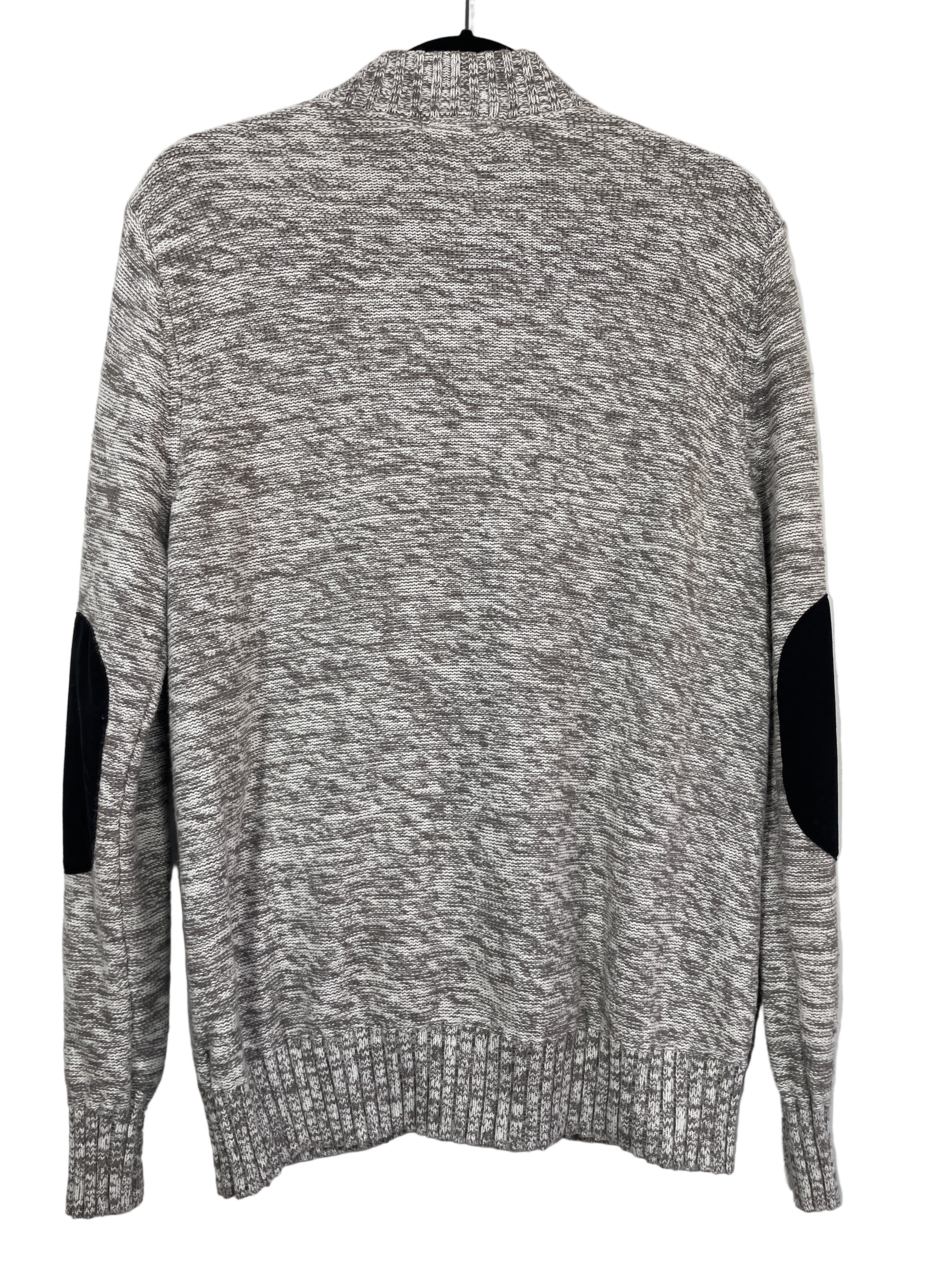 Back view of GUESS cardigan showing faux suede elbow patches and ribbed hem.
