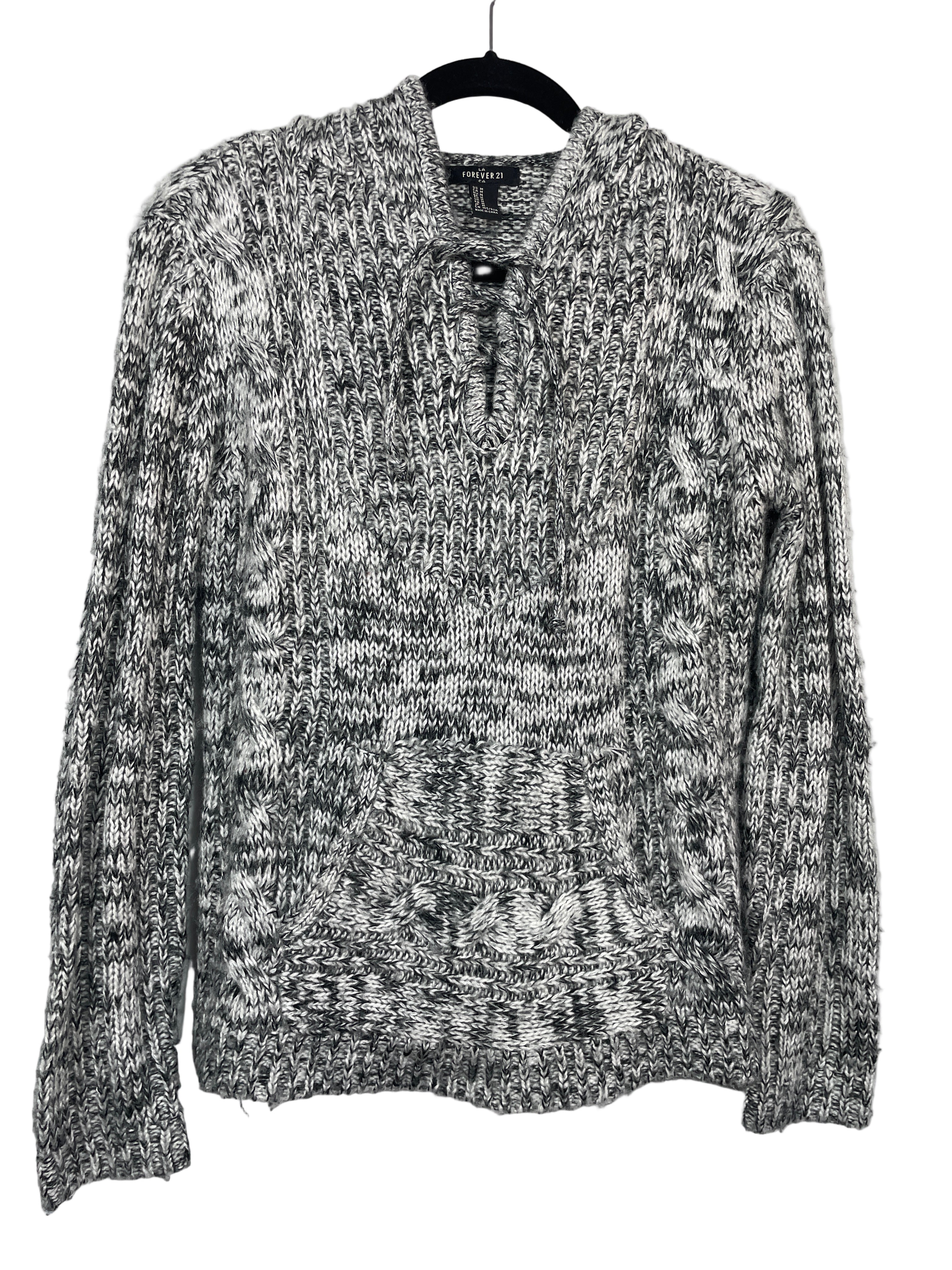 Front view of Forever 21 marled grey knit hooded pullover sweater with kangaroo pocket.
