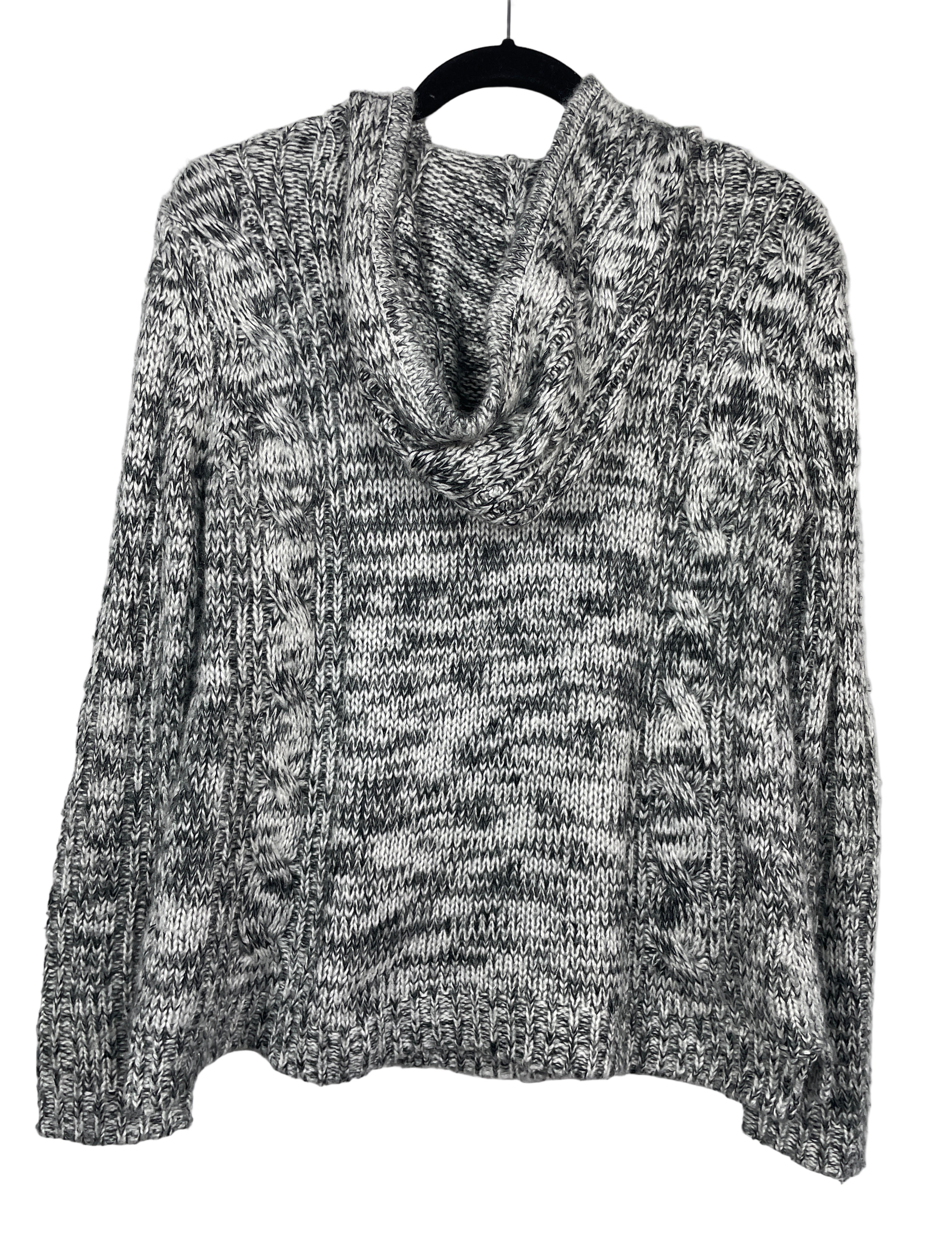 Back view of Forever 21 hooded knit sweater showing cowl-style hood and textured cable pattern.
