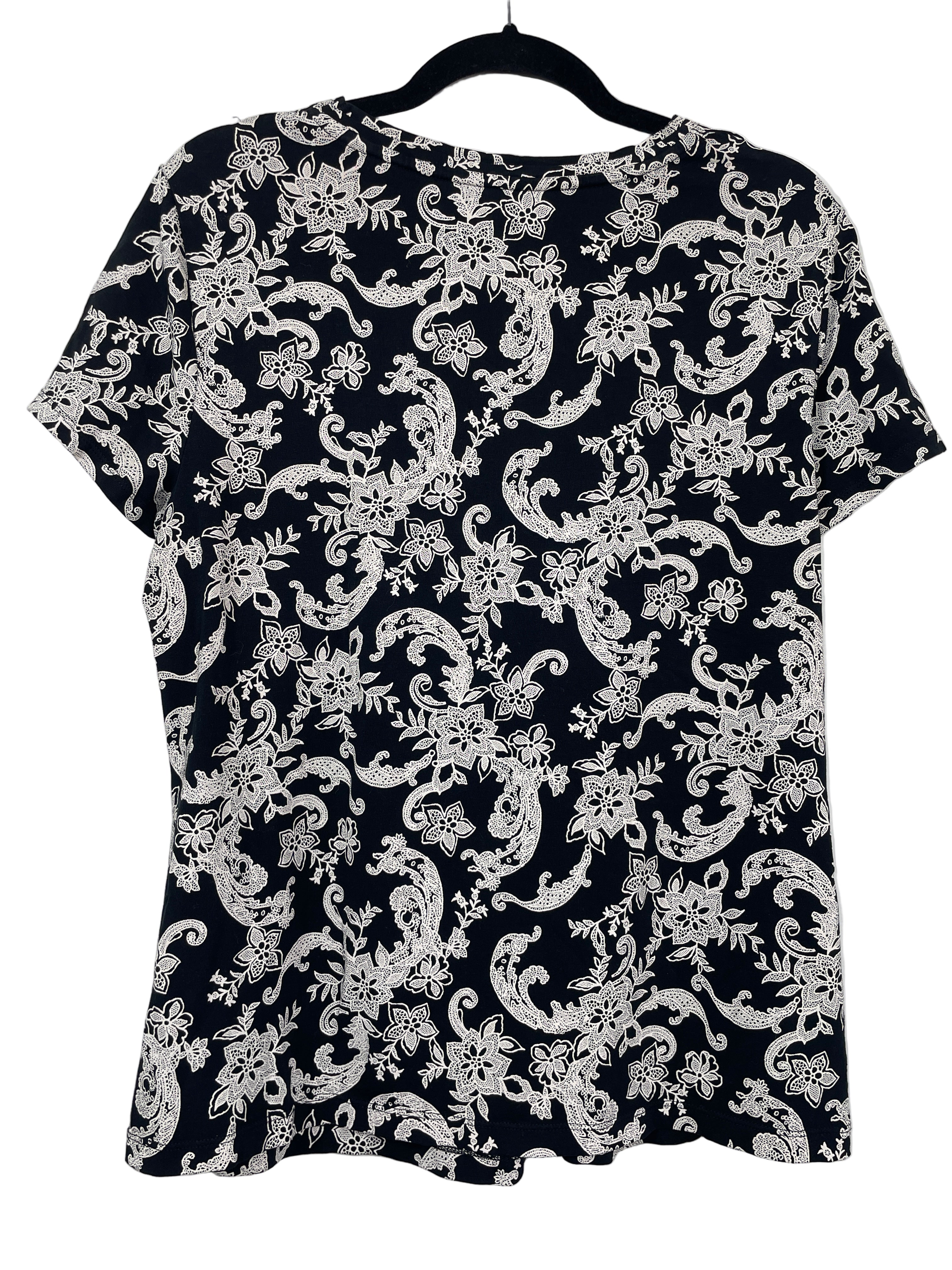 Croft & Barrow black and white floral paisley short sleeve top back view showing full print design
