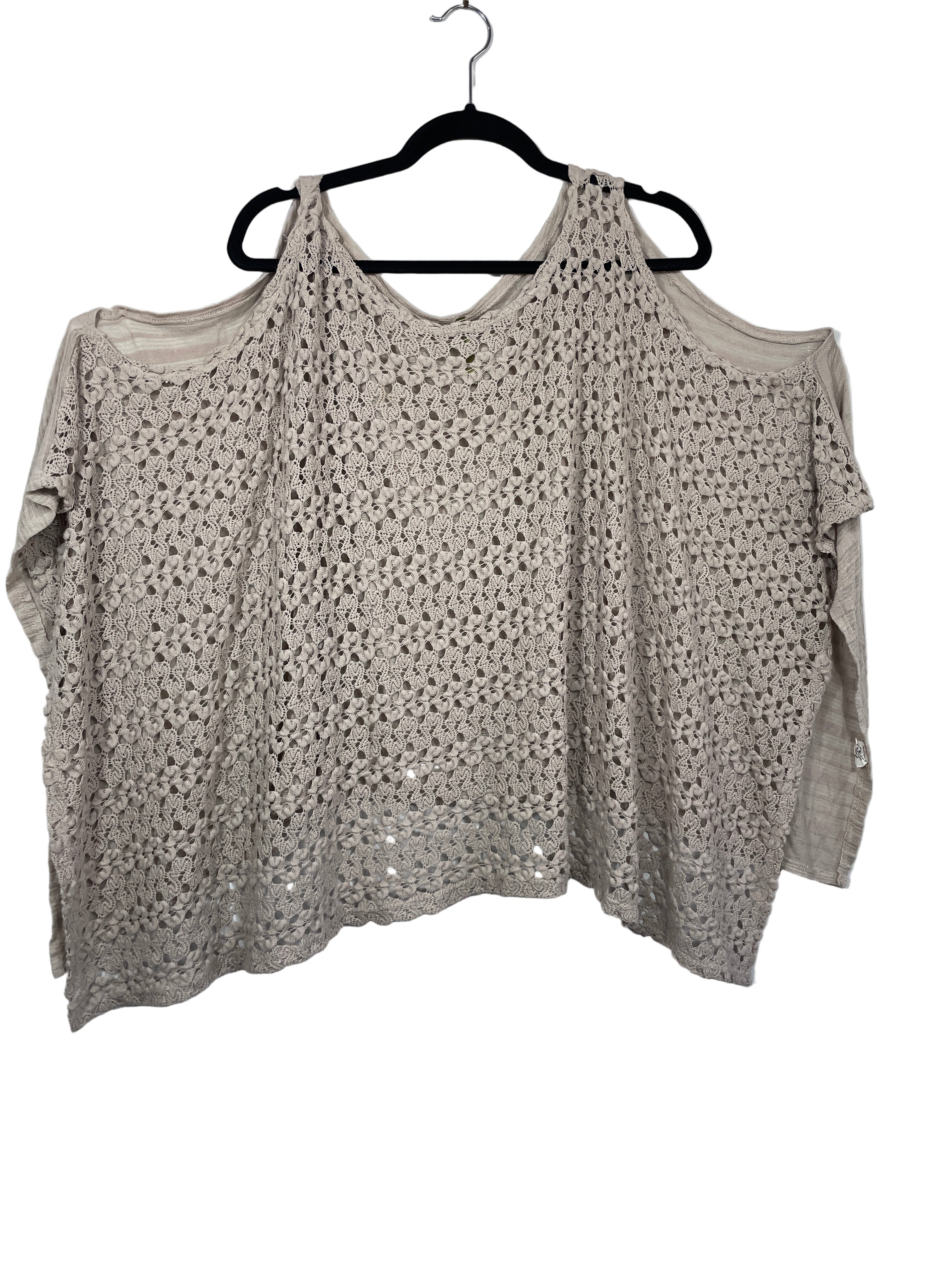 Front angled view displaying draped sides and open shoulder style of West Kei crochet top
