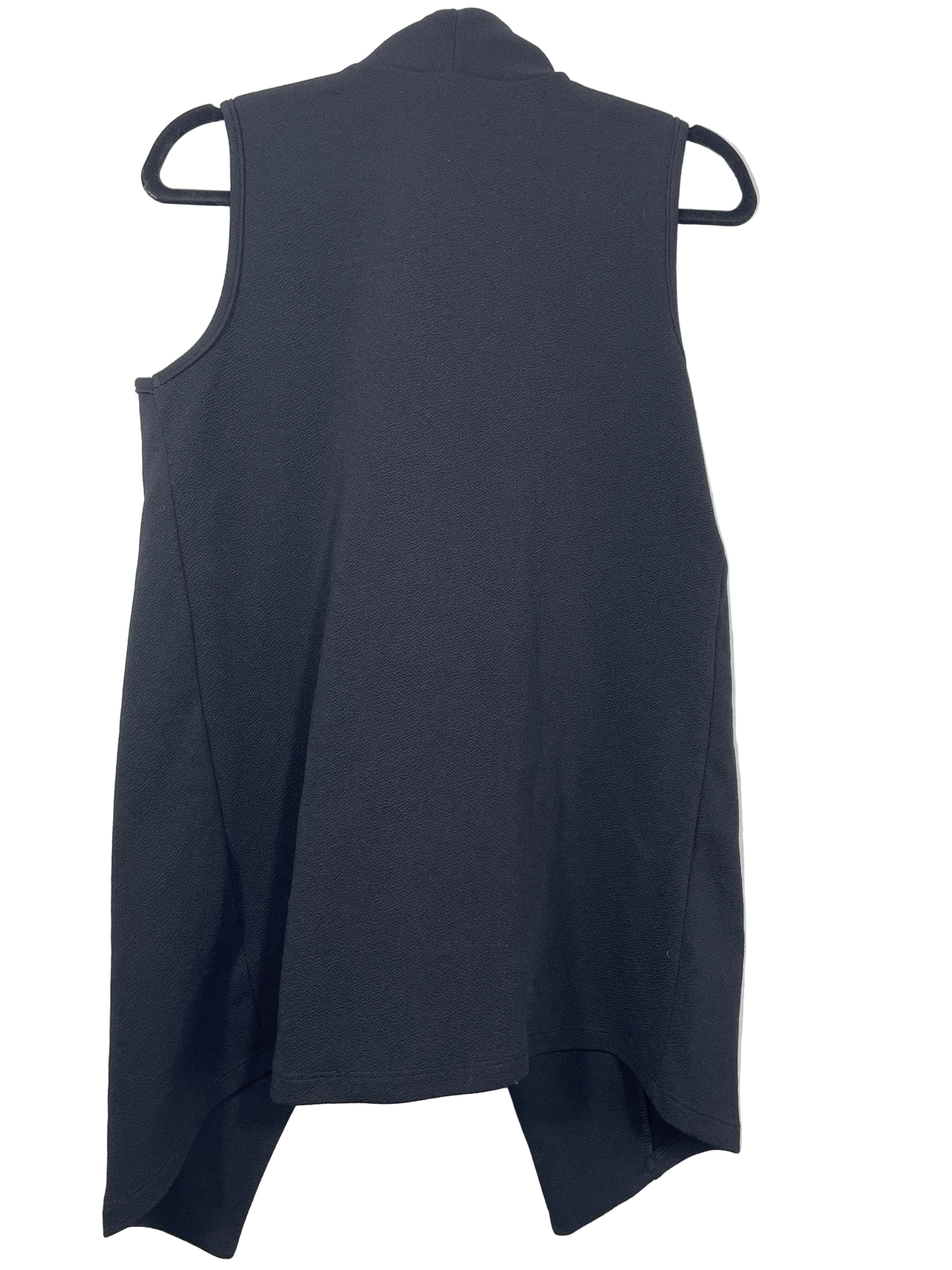 Back view of the same Suzy Shier open-front vest showing the draped hemline.
