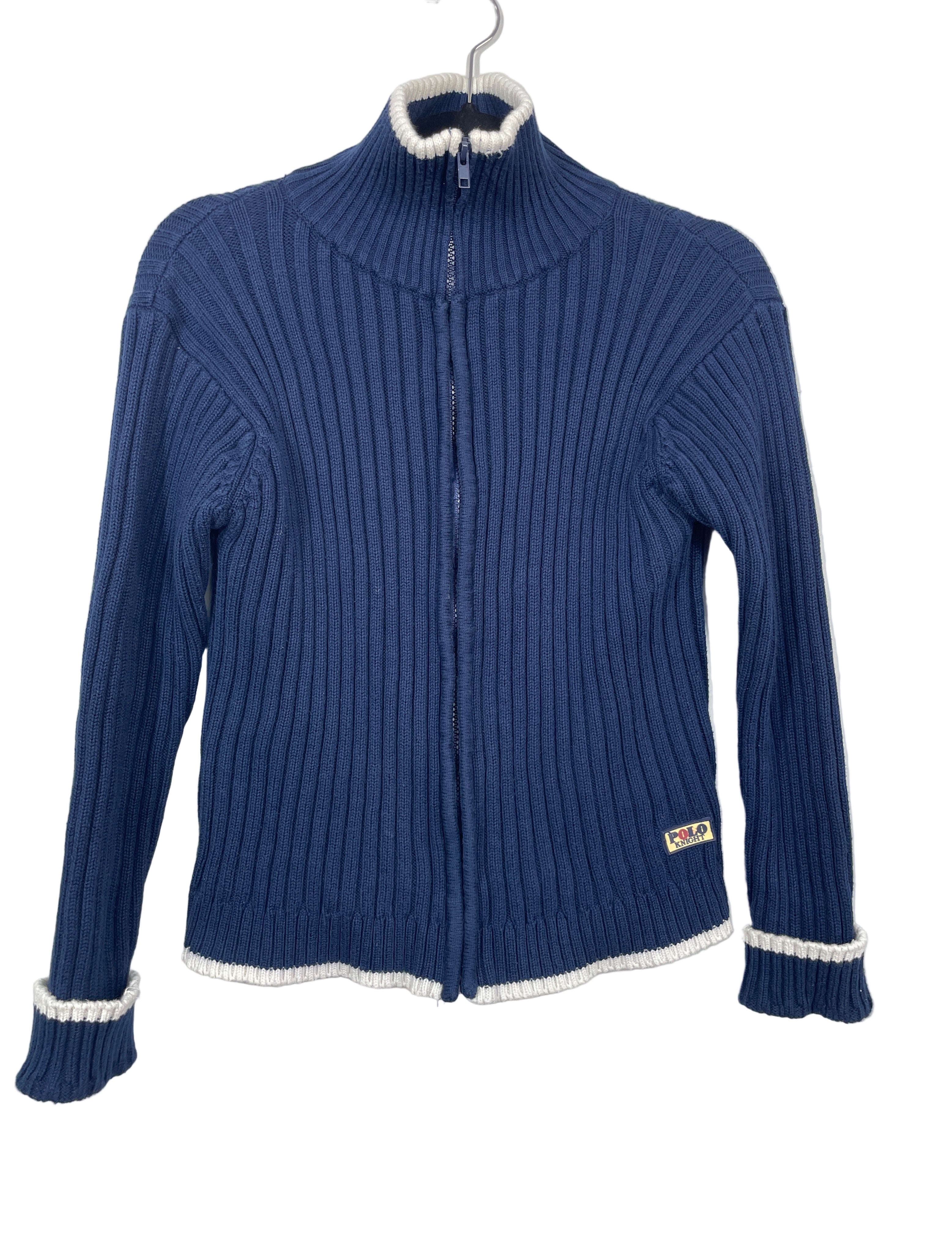 Front view of Polo Jeans Co. Ralph Lauren navy ribbed zip-up cardigan with white trim and Polo Knight patch.
