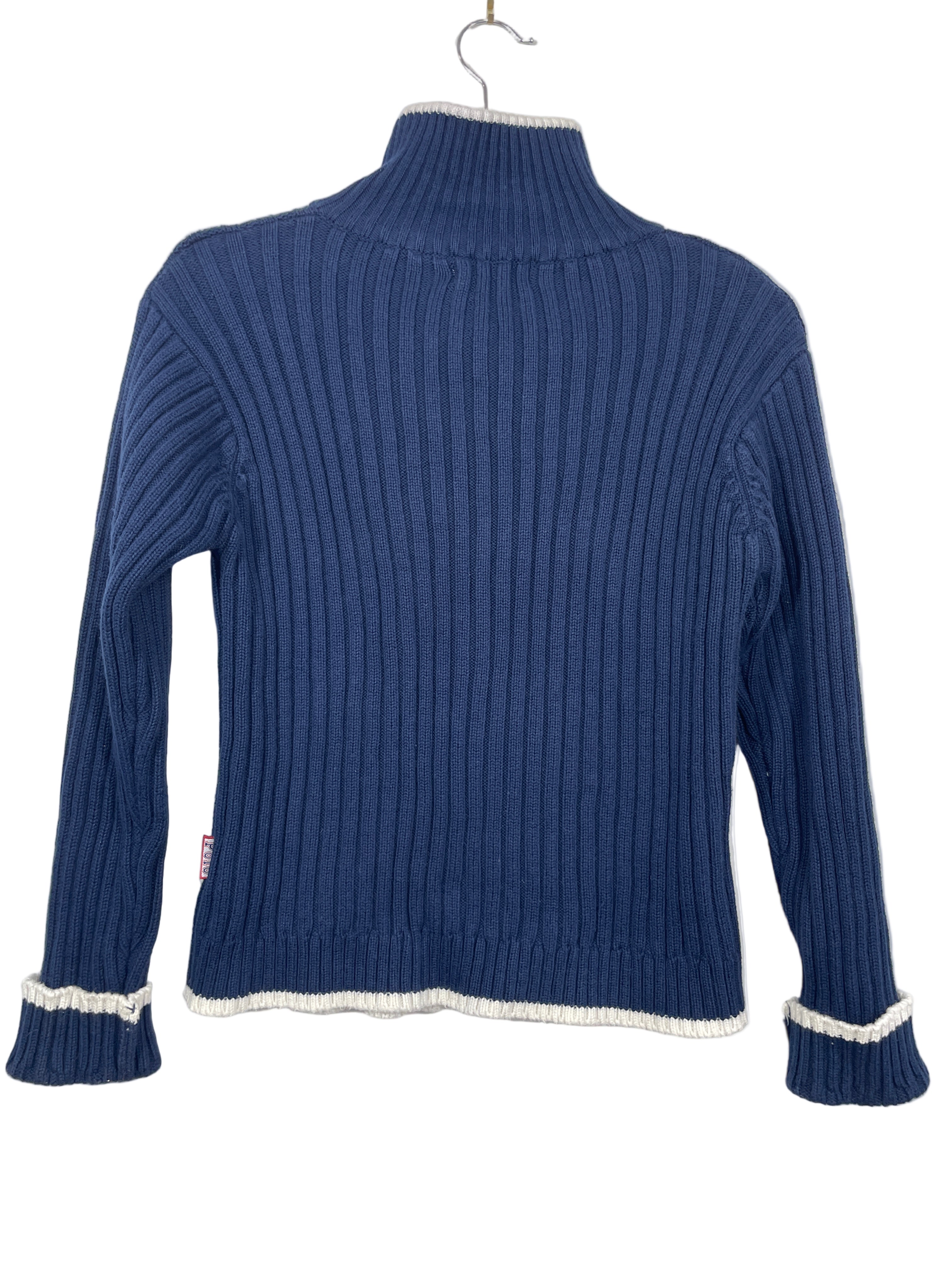 Back view of Polo Jeans Co. Ralph Lauren navy ribbed cardigan showing full knit texture and contrast edging.

