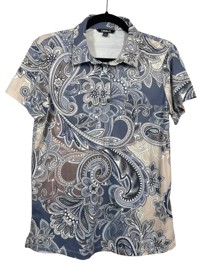 Front view of Cegolf women’s paisley print golf polo shirt in blue and beige tones.
