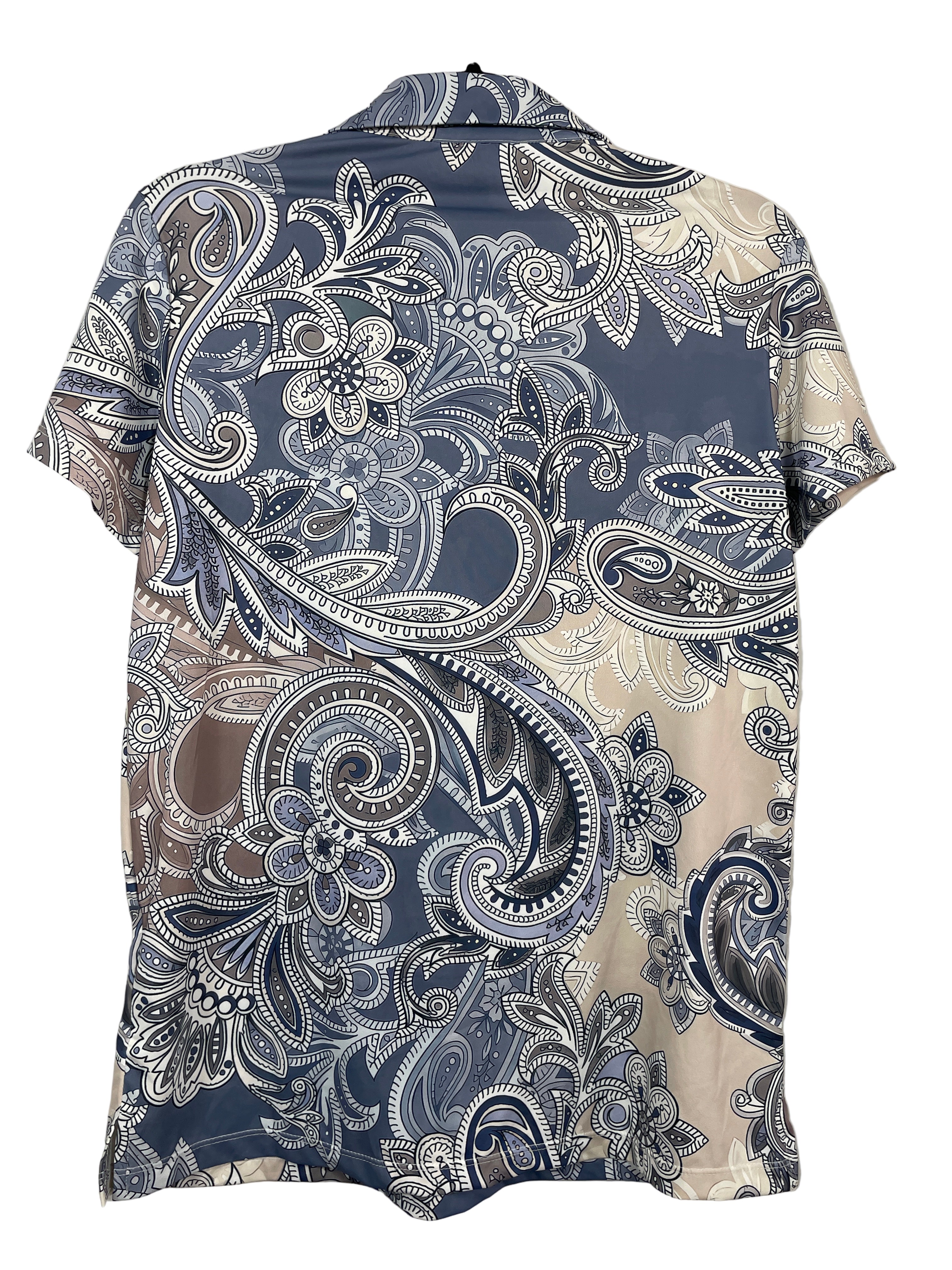 Back view of Cegolf women’s short-sleeve paisley golf polo showing full pattern and structure.
