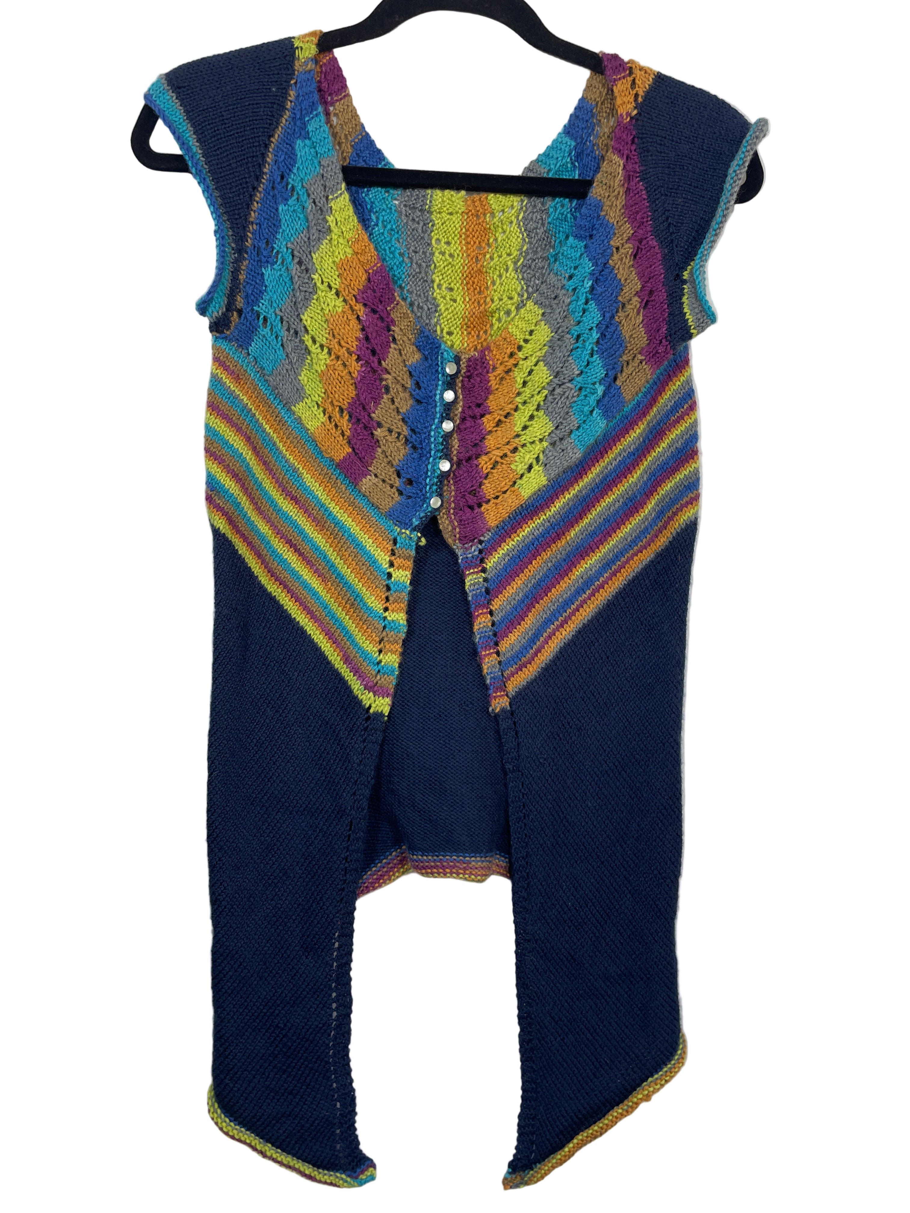 Front view of handmade colourful knit duster vest with button closure and multicolour stripes.
