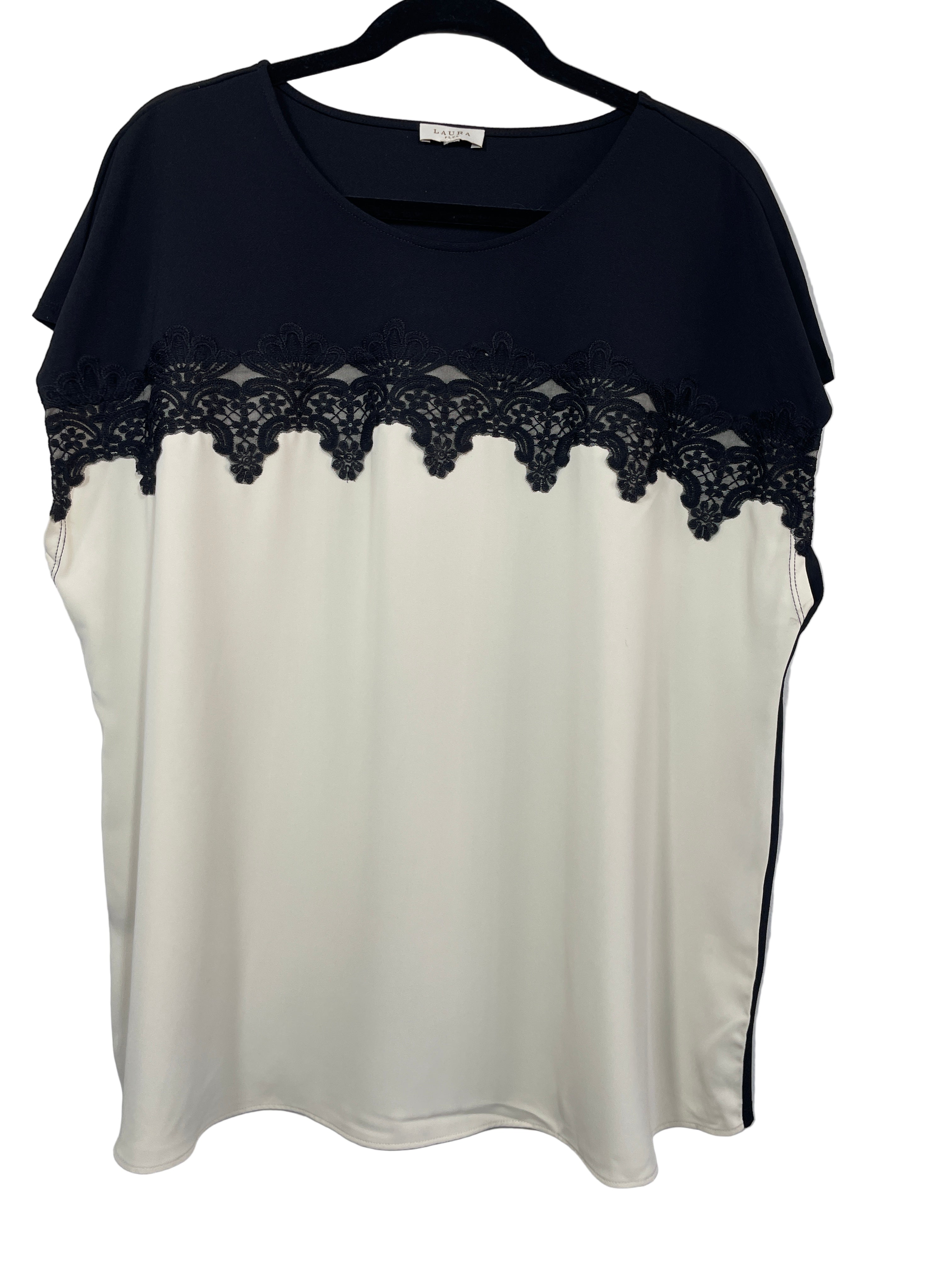 Laura Plus black and cream blouse front view showing lace trim across chest and colourblock design
