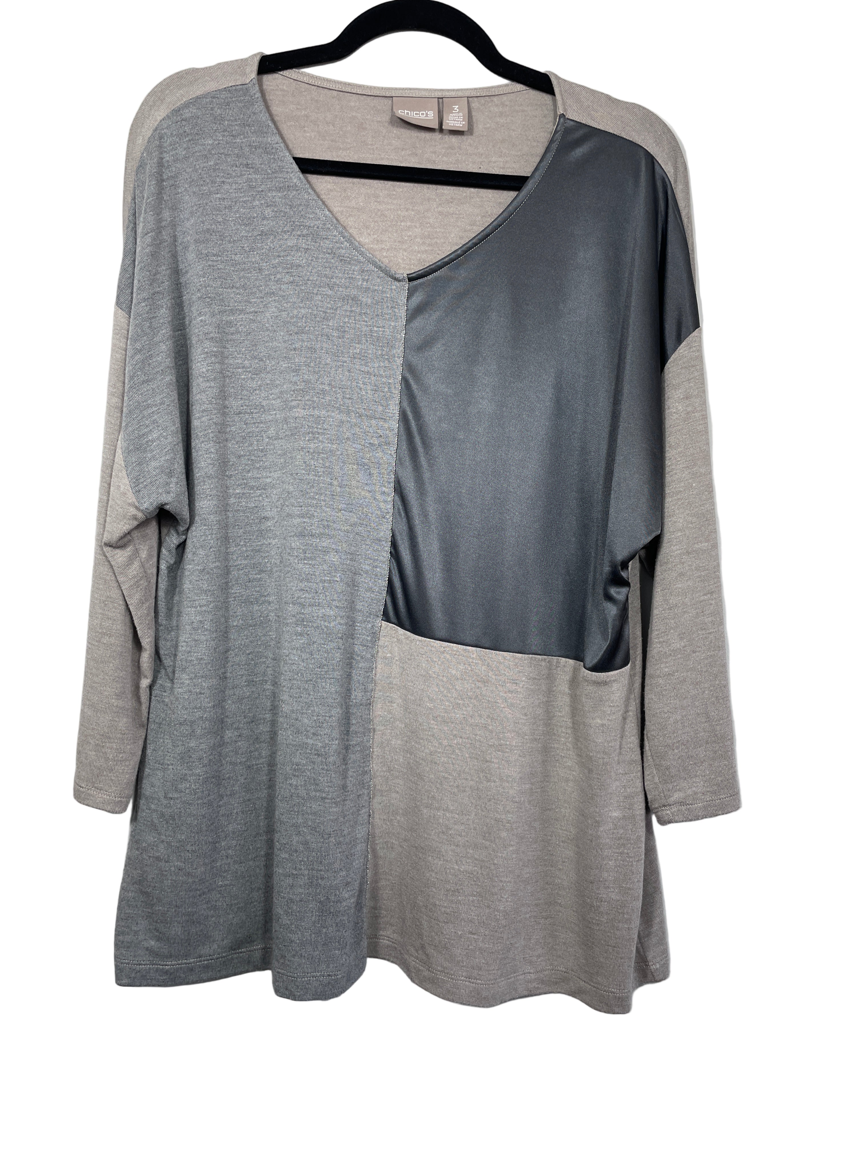 Chico’s grey and taupe colourblock satin panel top front view showing silver trim and V-neckline
