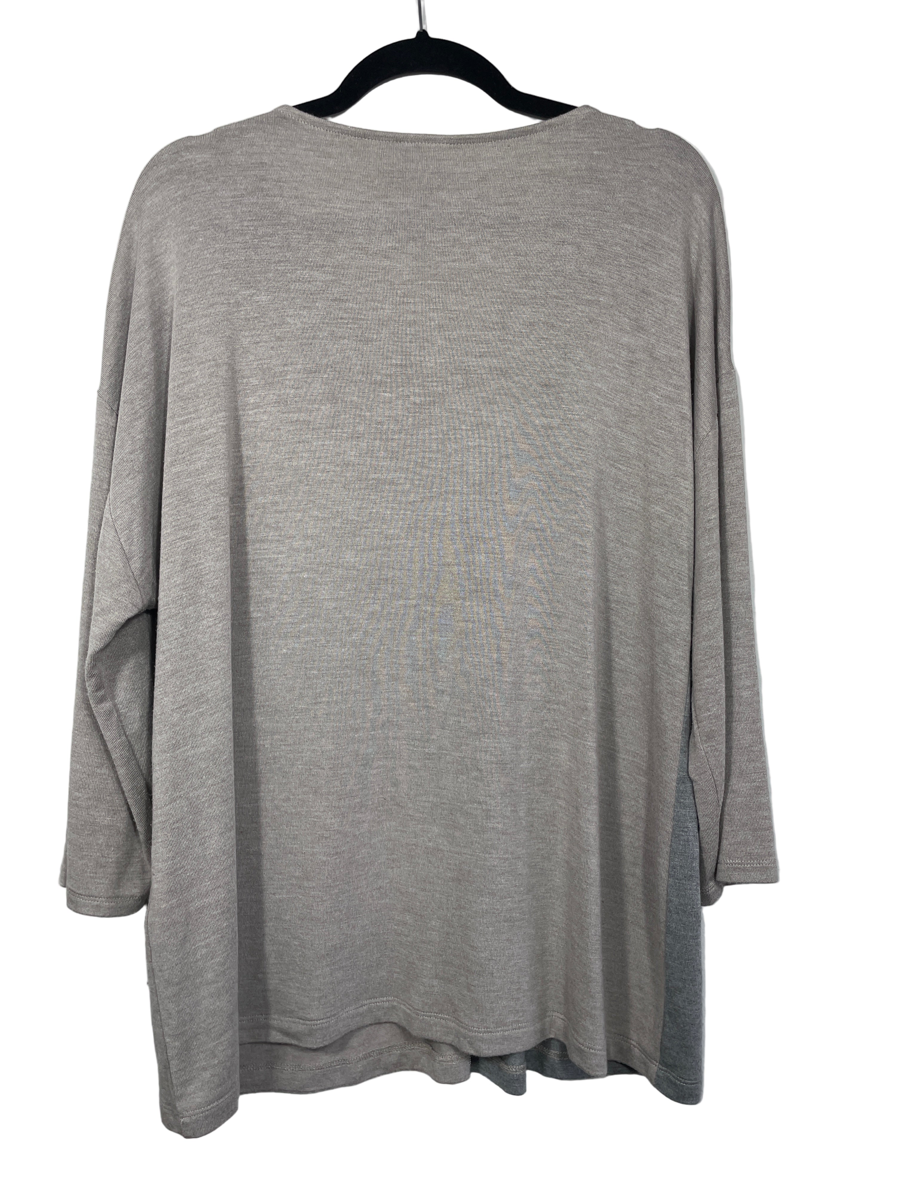Chico’s grey and taupe colourblock satin panel top back view showing solid taupe fabric and relaxed drape
