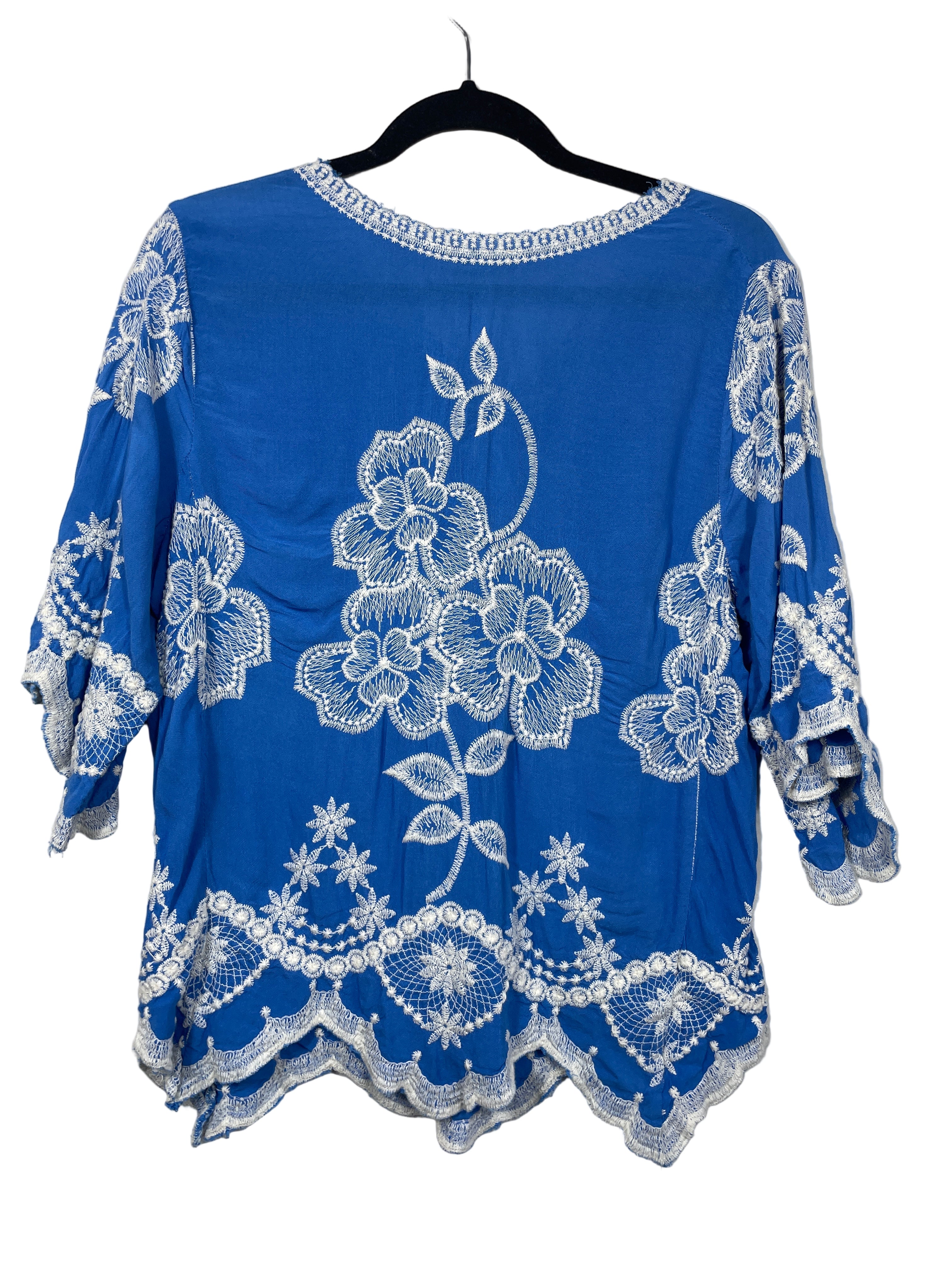 Solitaire blue embroidered boho top back view showing matching embroidery pattern and flowy rayon fabric