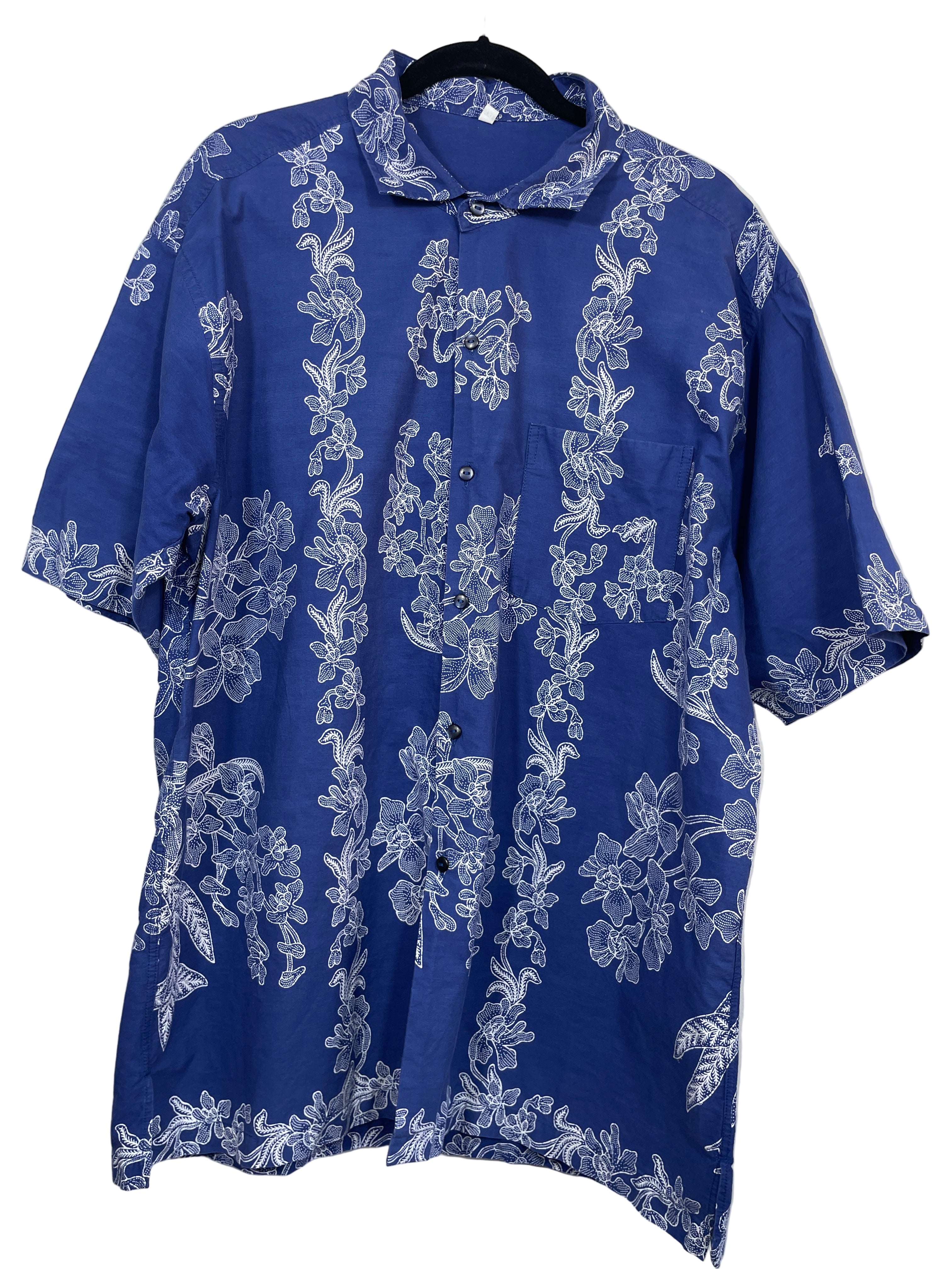 Unbranded blue Hawaiian short sleeve shirt front view with white floral pattern and button closure
