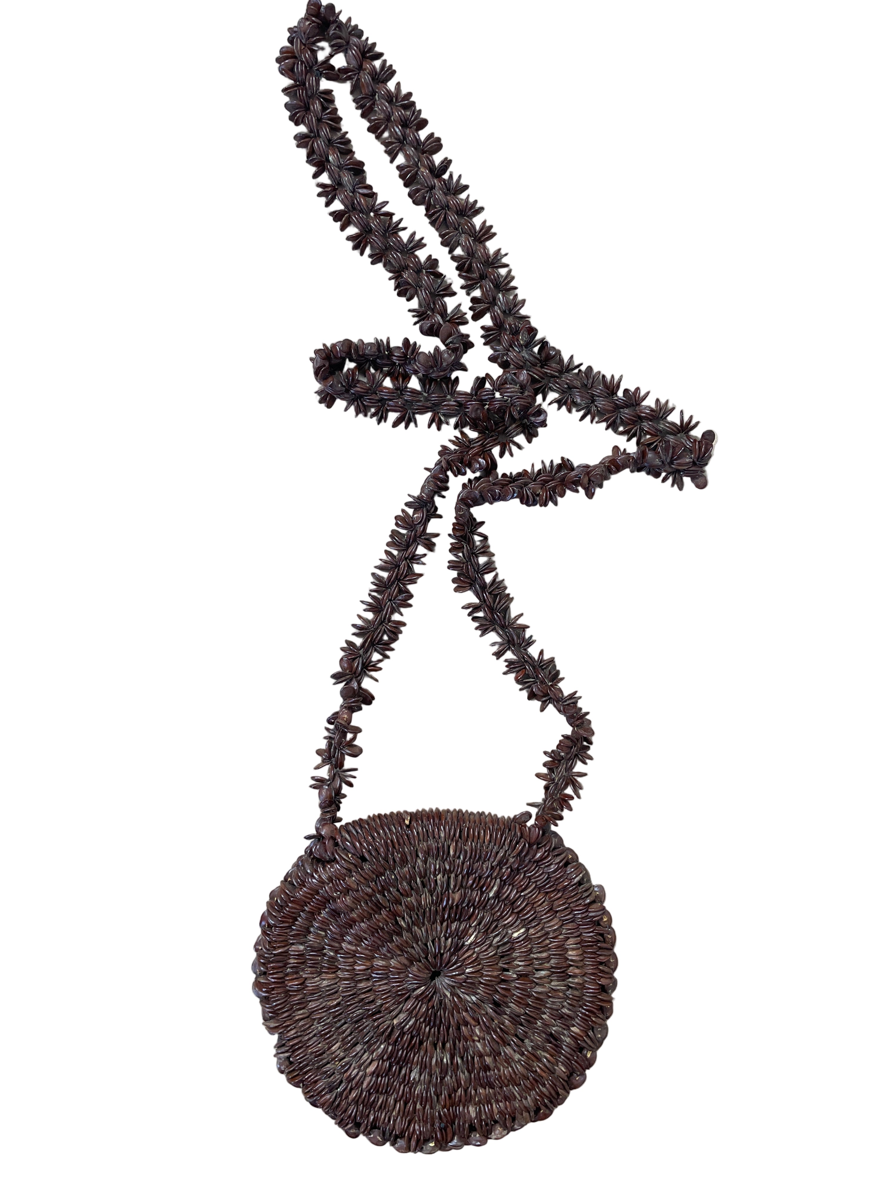 handwoven brown seed bead circular shoulder bag back view showing full beaded strap and woven texture