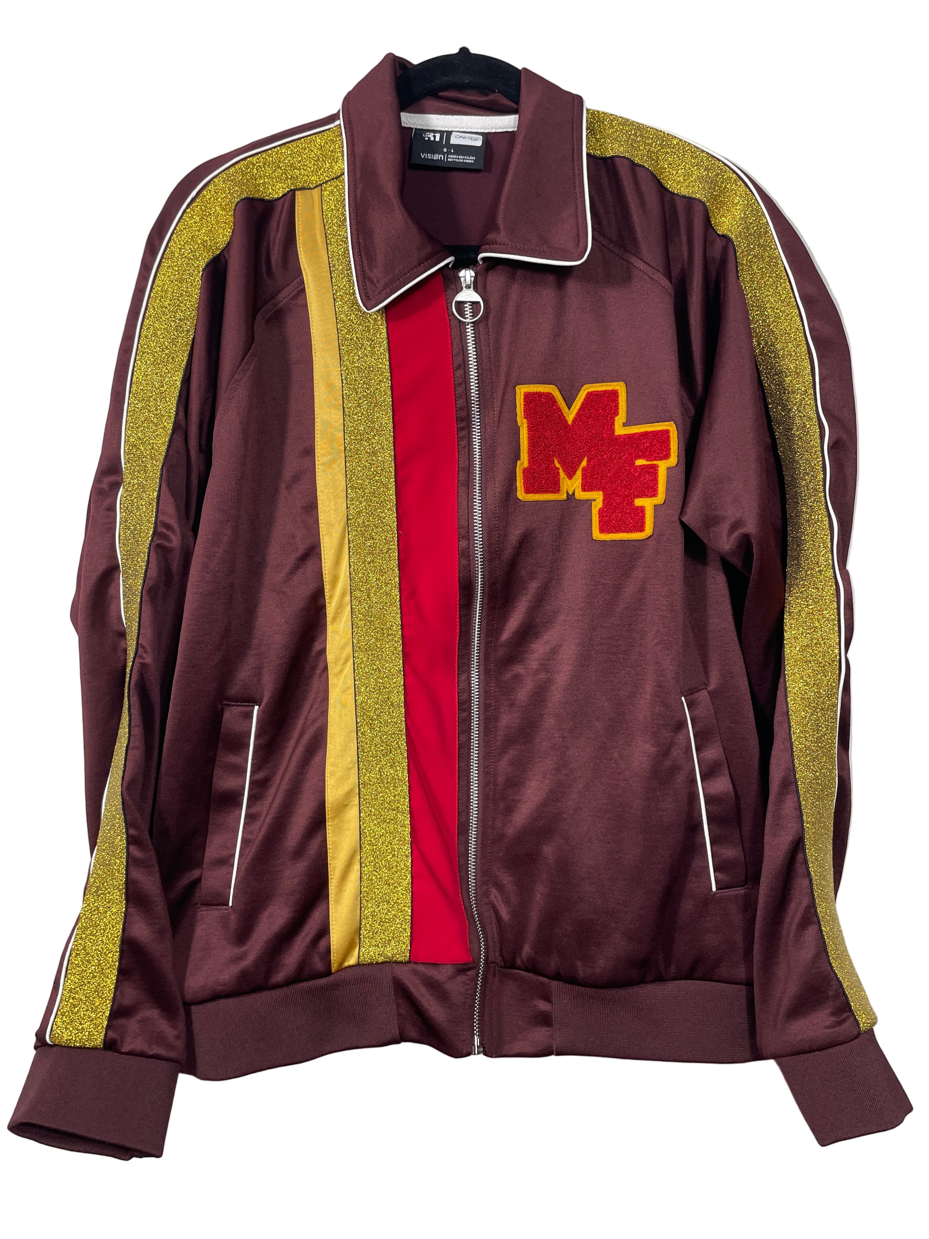 Vision maroon varsity jacket with gold trim and MF patch – front view
