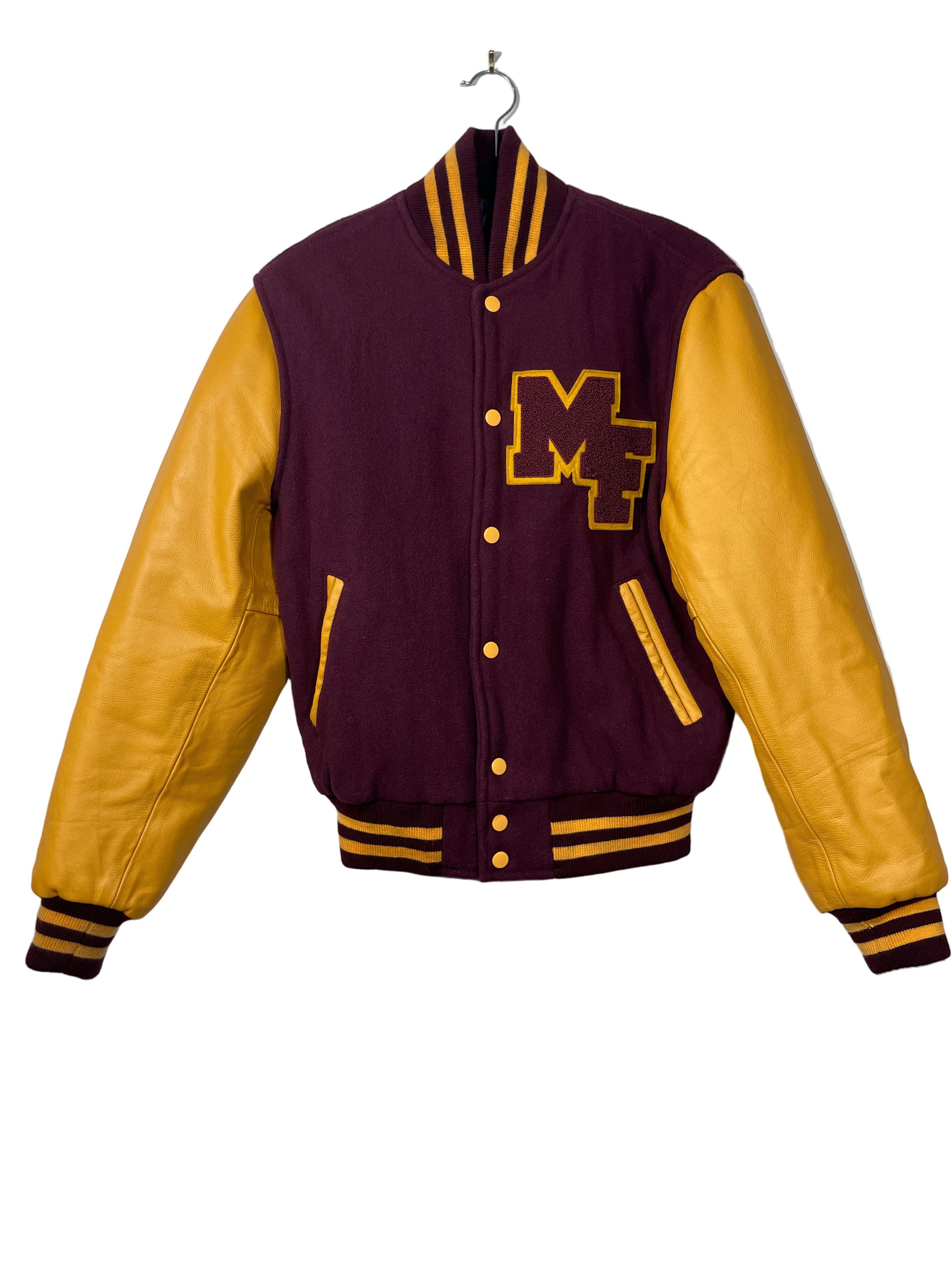 Front view of maroon and gold Stewart Strauss varsity jacket with yellow leather sleeves and MF patch
