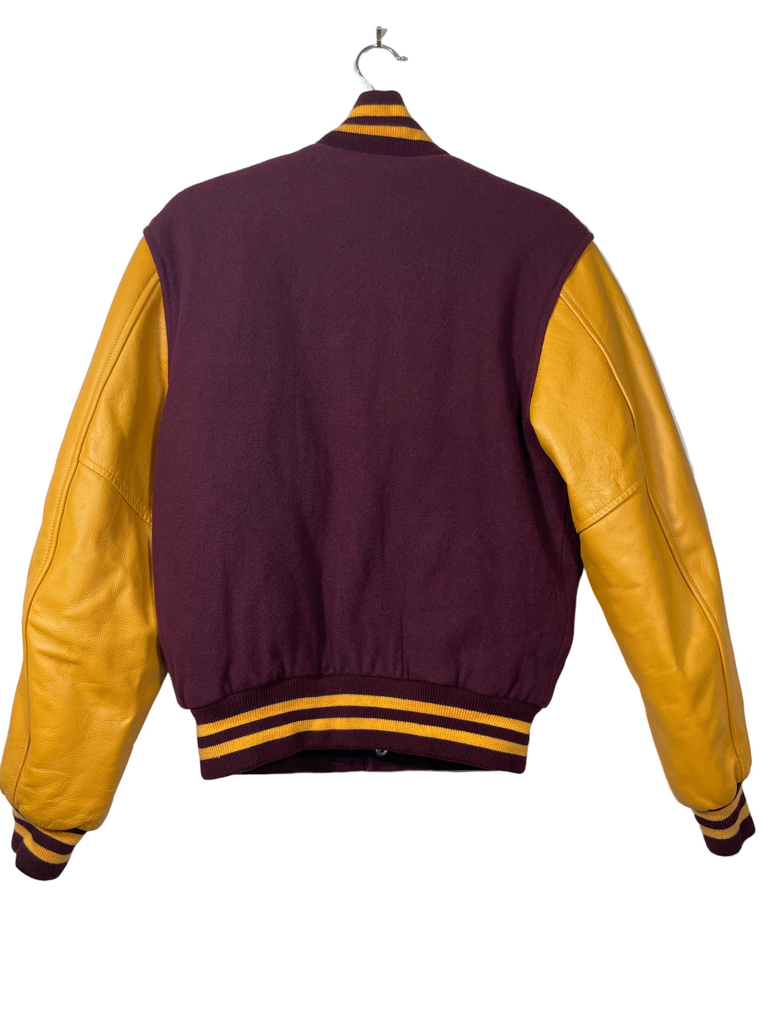 Back view of maroon and gold Stewart Strauss varsity jacket showing striped knit trim and cuffs
