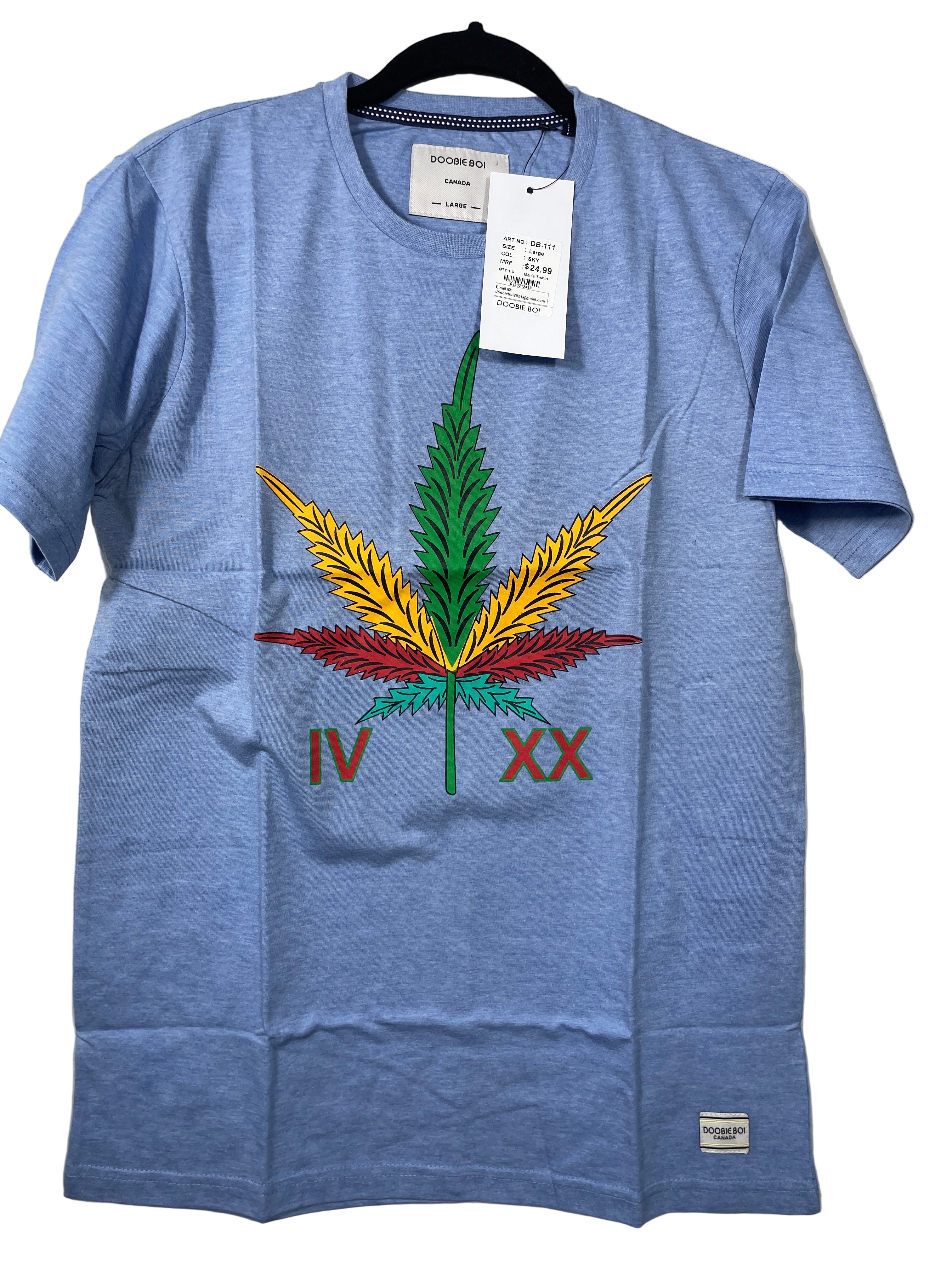 Front view of light blue Doobie Boi IV XX t-shirt with colourful leaf graphic

