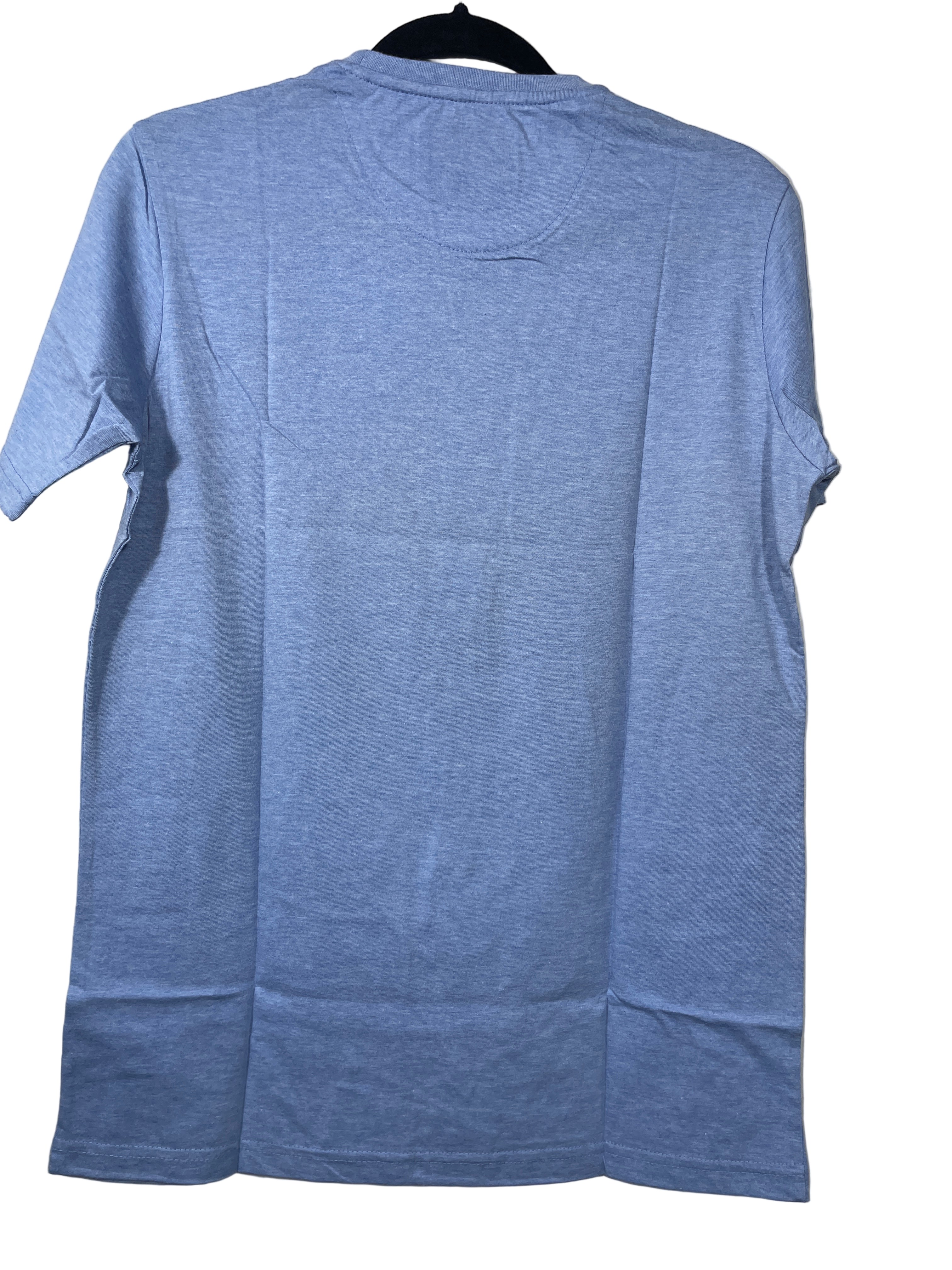 Back view of plain light blue Doobie Boi t-shirt on hanger
