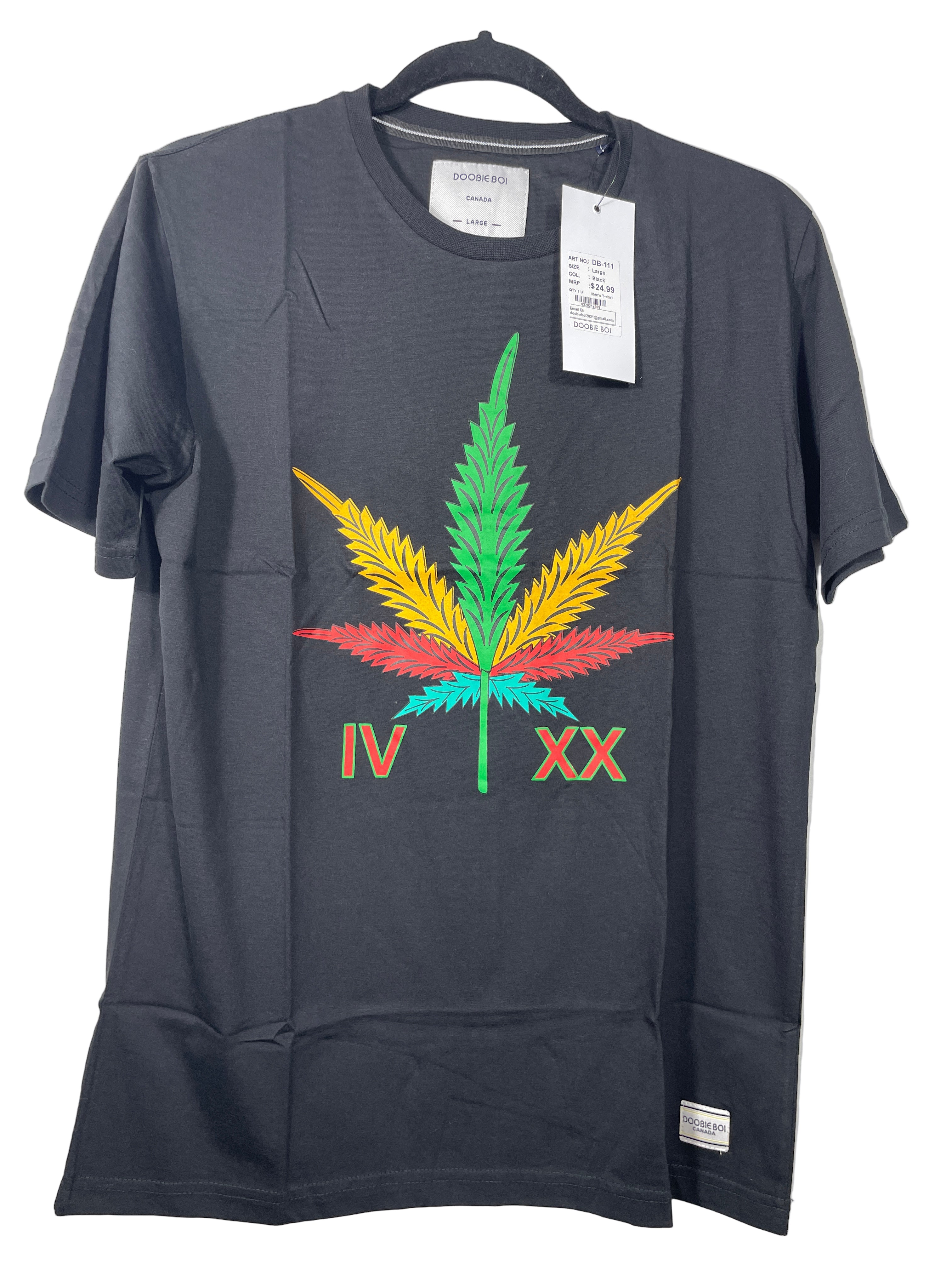 Front view of black Doobie Boi IV XX t-shirt with colourful leaf graphic

