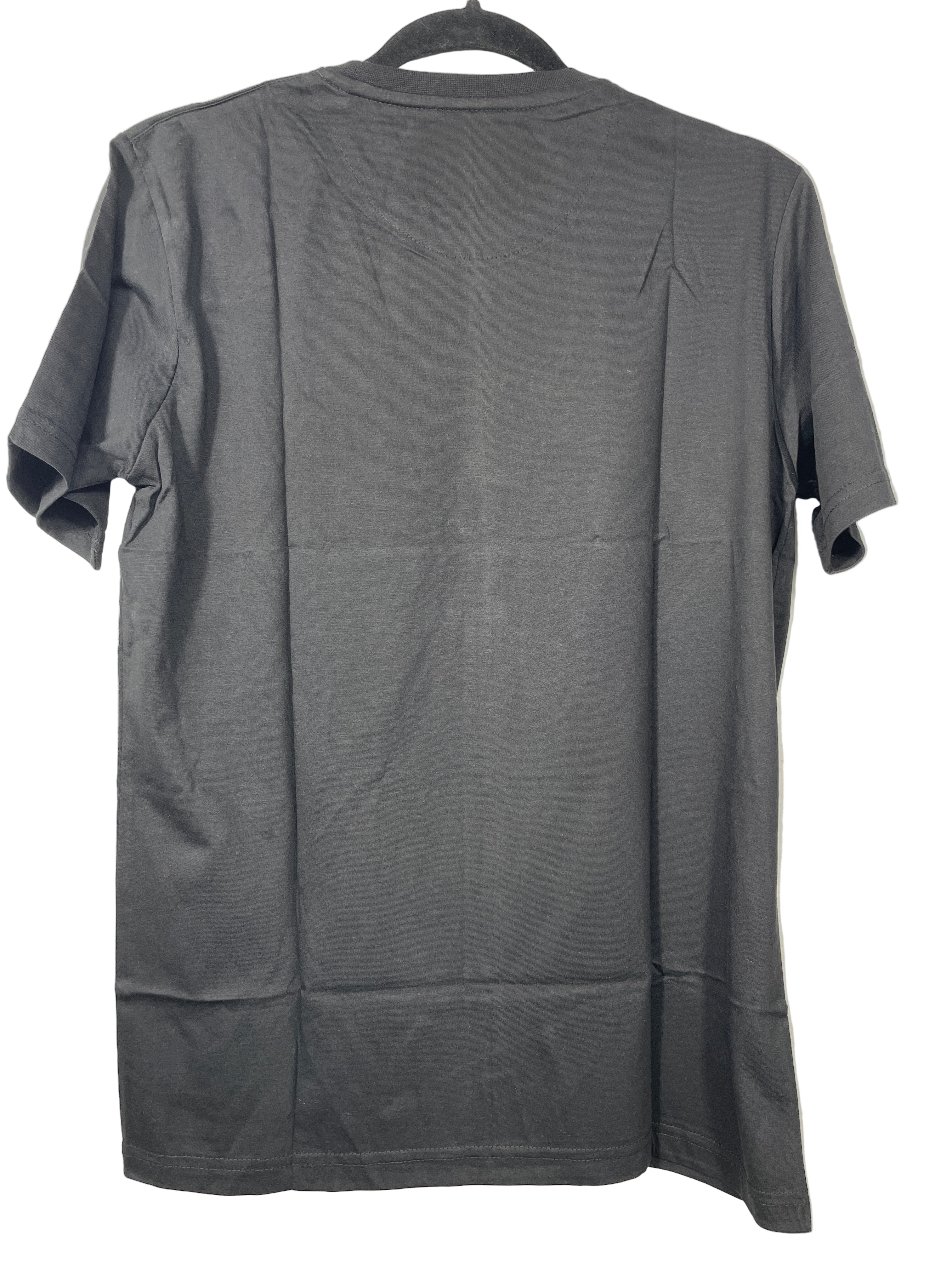 Back view of plain black Doobie Boi t-shirt on hanger
