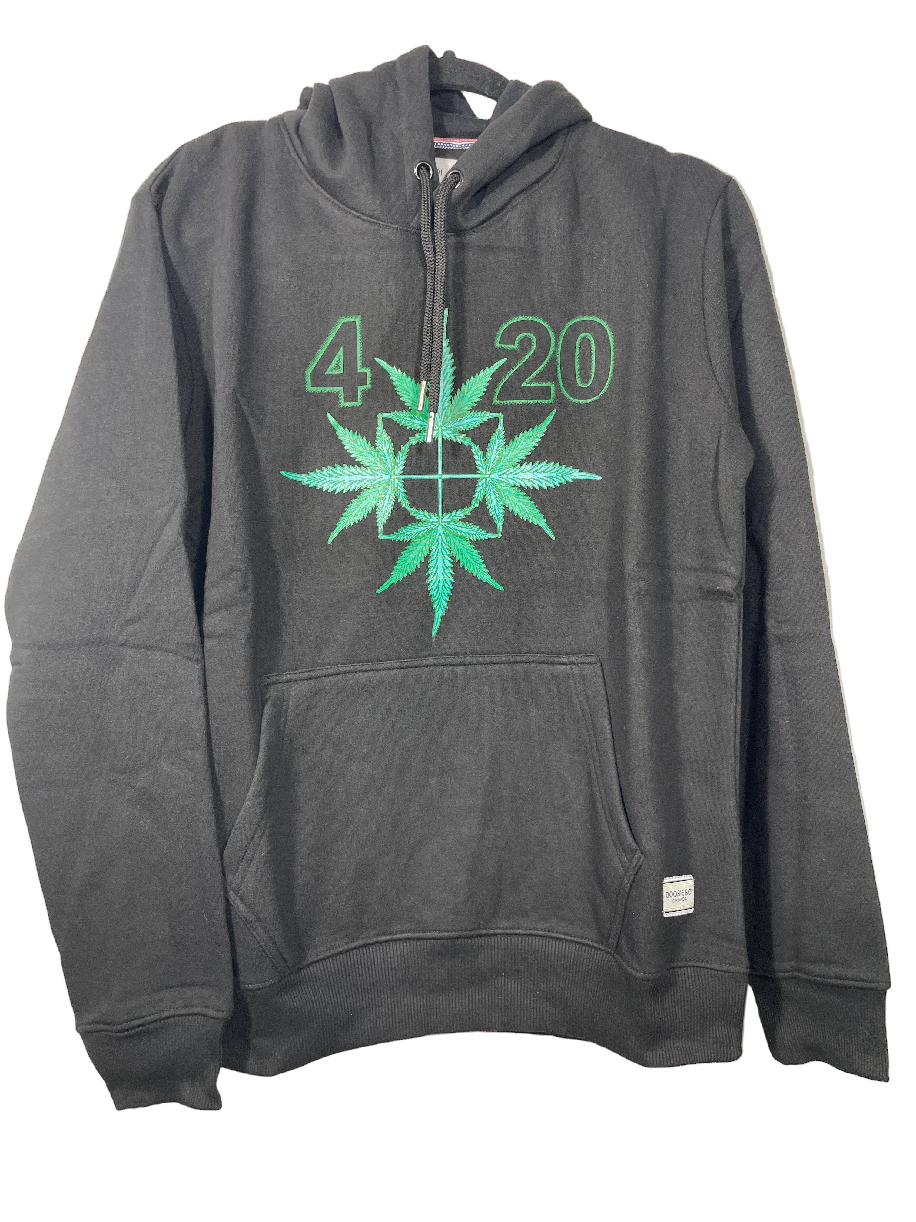 Front view of black Doobie Boi hoodie with green 420 graphic and drawstring hood
