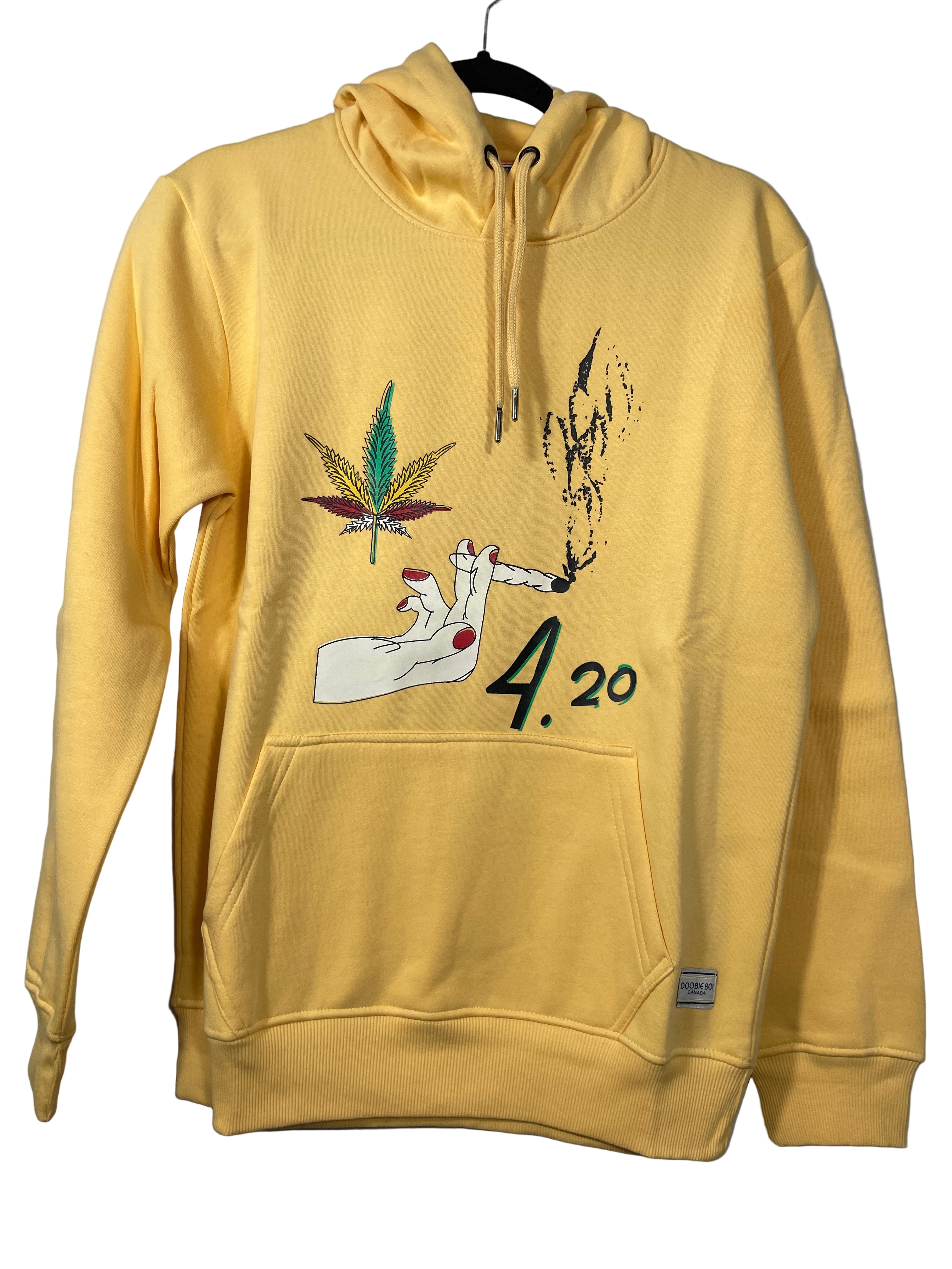 Front view of yellow Doobie Boi hoodie with 420-themed graphic and kangaroo pocket
