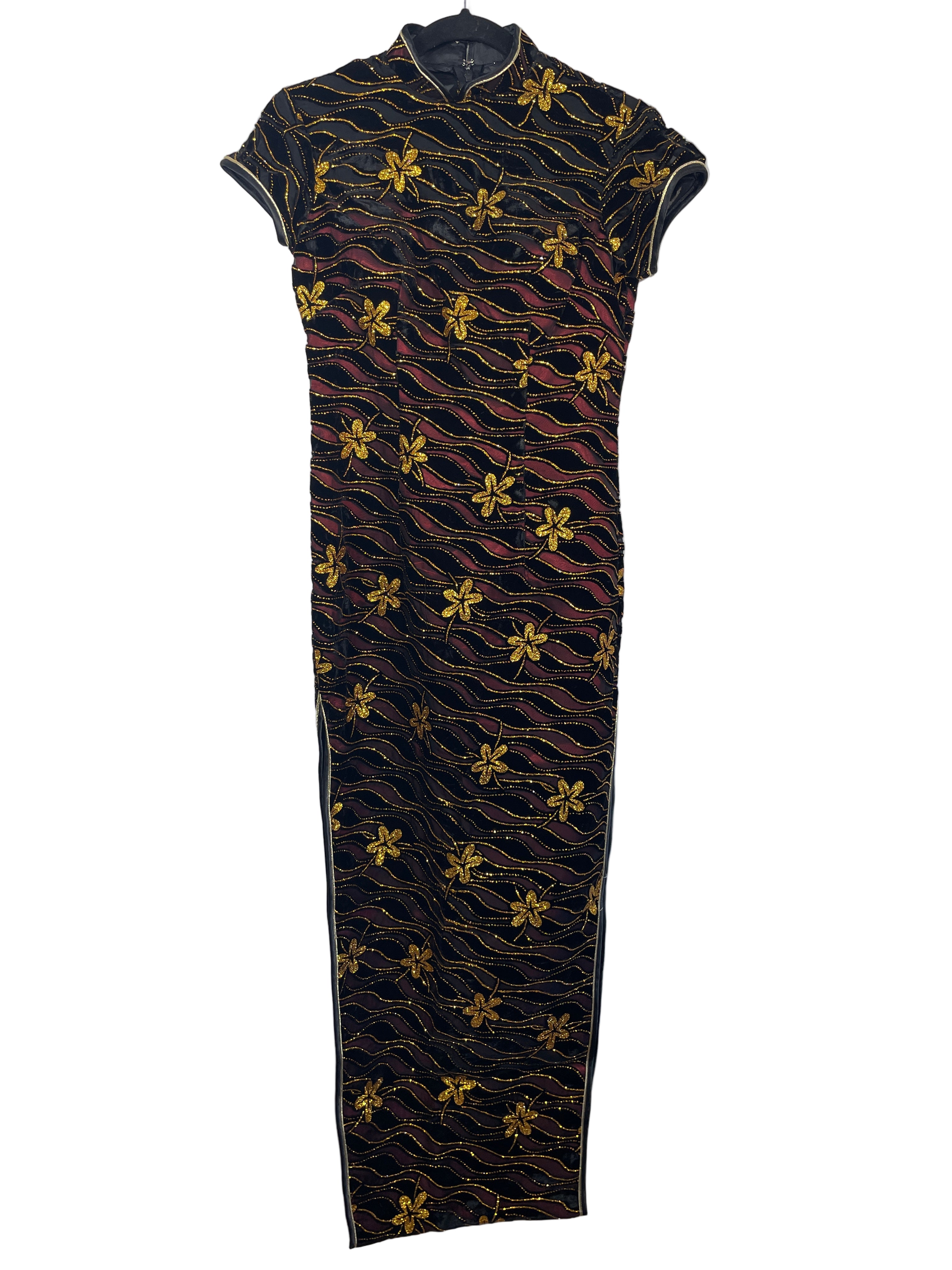 Xiangyi Qipao black and gold floral dress full front view.

